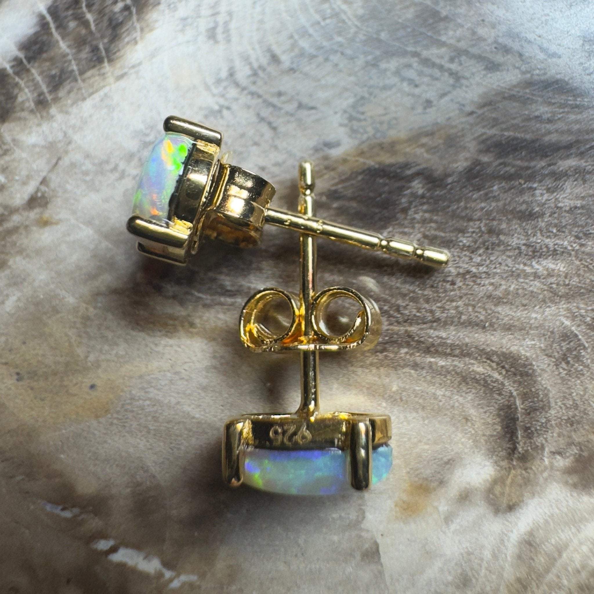 Kiama Tidepair ~ 1.6ct Lightning Ridge Opal 925 Silver Gold Coated Stud Earrings