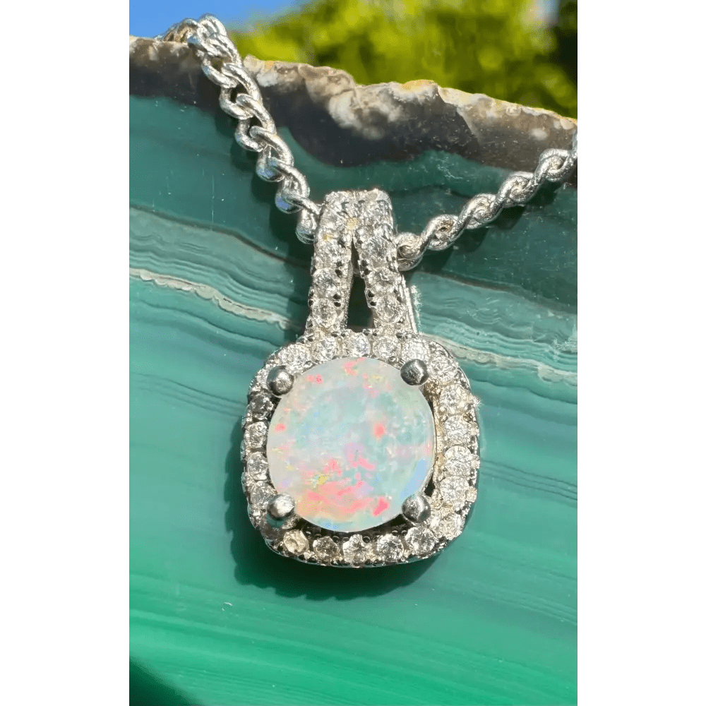 'Kimberley Glow' ~ Handcrafted 1.0ct Solid Lightning Ridge Opal and Cubic Zirconia 925 Sterling Silver Pendant Necklace