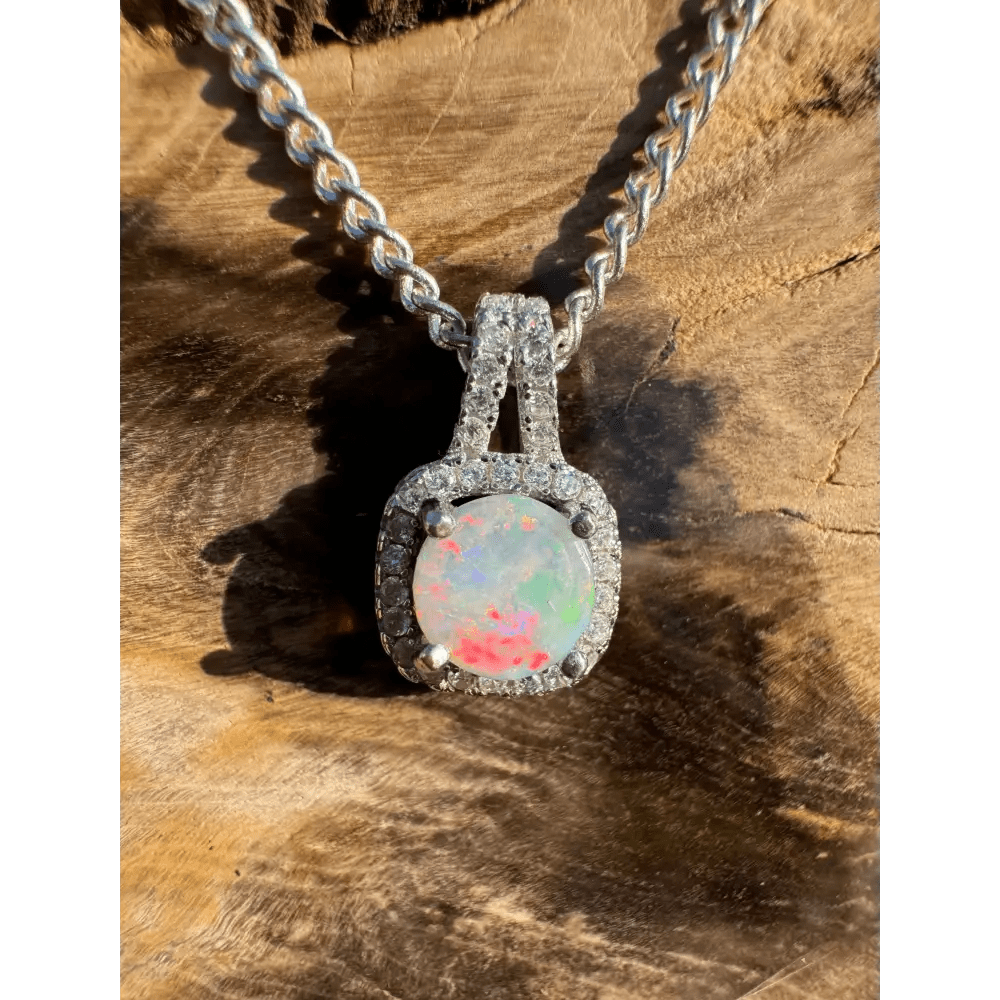 'Kimberley Glow' ~ Handcrafted 1.0ct Solid Lightning Ridge Opal and Cubic Zirconia 925 Sterling Silver Pendant Necklace