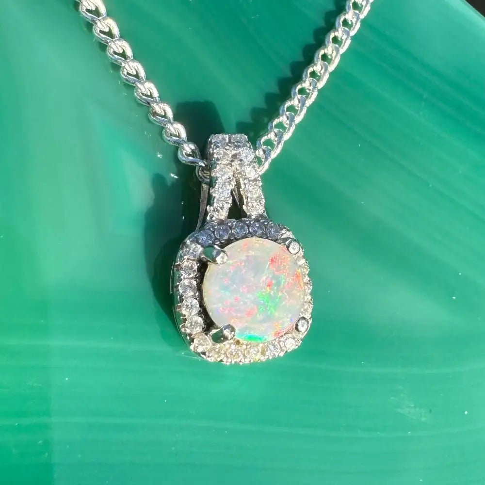 'Kimberley Glow' ~ Handcrafted 1.0ct Solid Lightning Ridge Opal and Cubic Zirconia 925 Sterling Silver Pendant Necklace