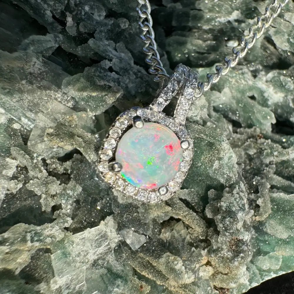 'Kimberley Glow' ~ Handcrafted 1.0ct Solid Lightning Ridge Opal and Cubic Zirconia 925 Sterling Silver Pendant Necklace