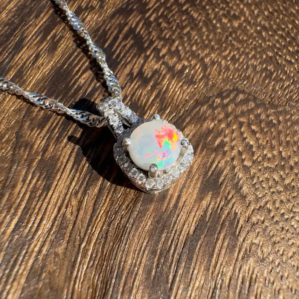 'Kimberley Glow' ~ Handcrafted 1.0ct Solid Lightning Ridge Opal and Cubic Zirconia 925 Sterling Silver Pendant Necklace
