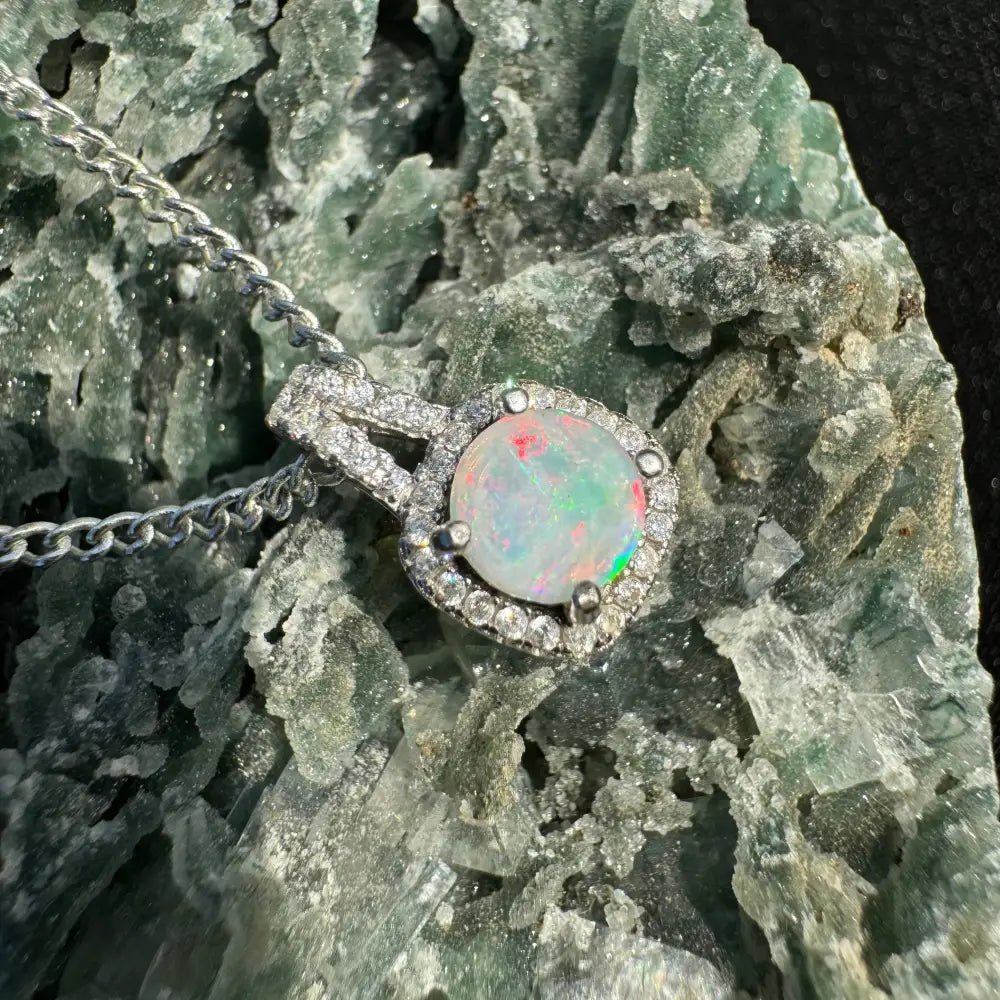 'Kimberley Glow' ~ Handcrafted 1.0ct Solid Lightning Ridge Opal and Cubic Zirconia 925 Sterling Silver Pendant Necklace