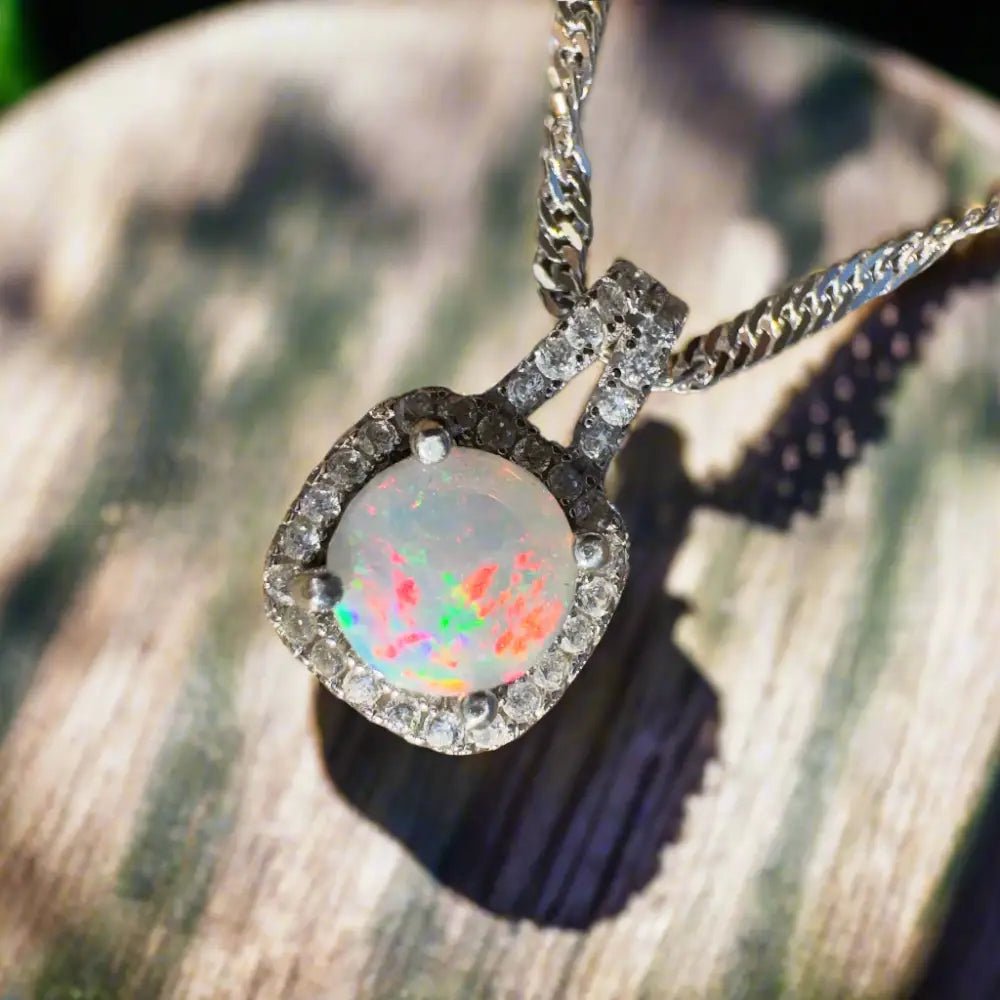 'Kimberley Glow' ~ Handcrafted 1.0ct Solid Lightning Ridge Opal and Cubic Zirconia 925 Sterling Silver Pendant Necklace