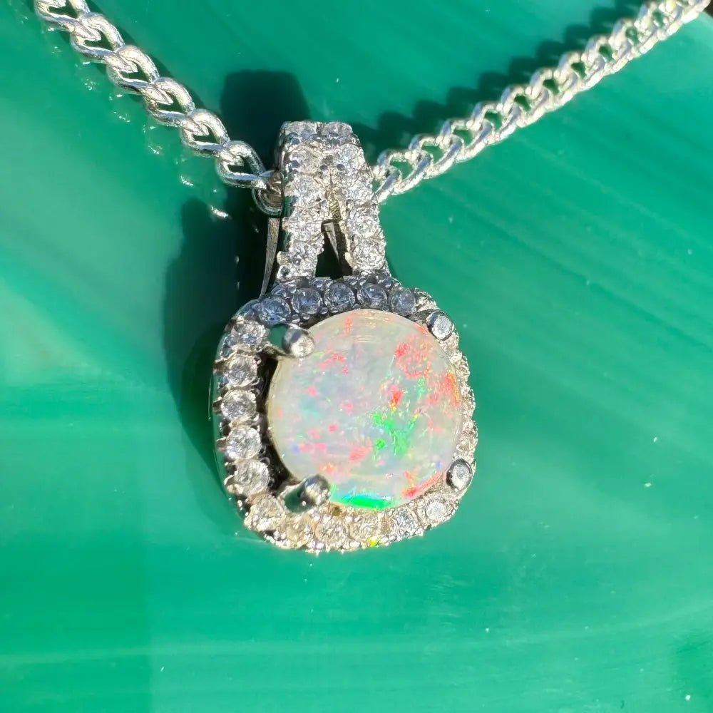'Kimberley Glow' ~ Handcrafted 1.0ct Solid Lightning Ridge Opal and Cubic Zirconia 925 Sterling Silver Pendant Necklace