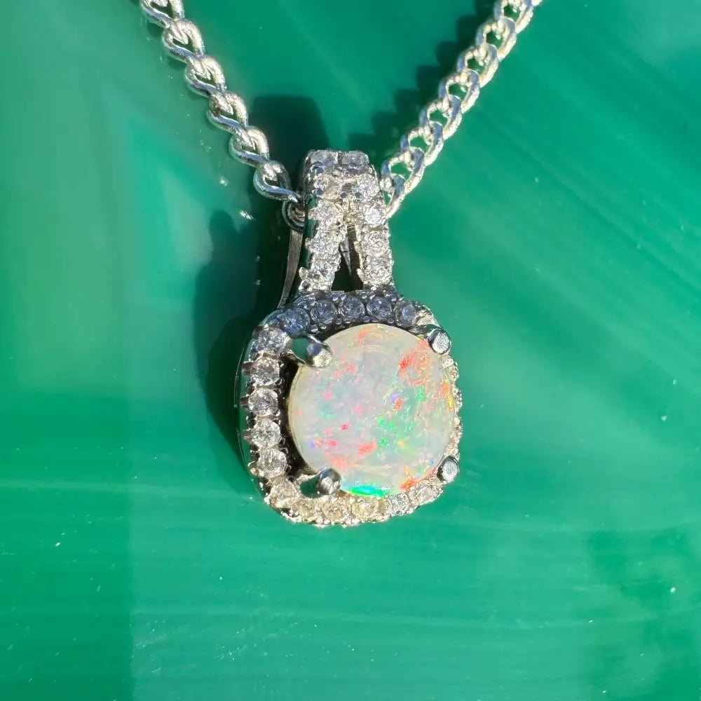 'Kimberley Glow' ~ Handcrafted 1.0ct Solid Lightning Ridge Opal and Cubic Zirconia 925 Sterling Silver Pendant Necklace