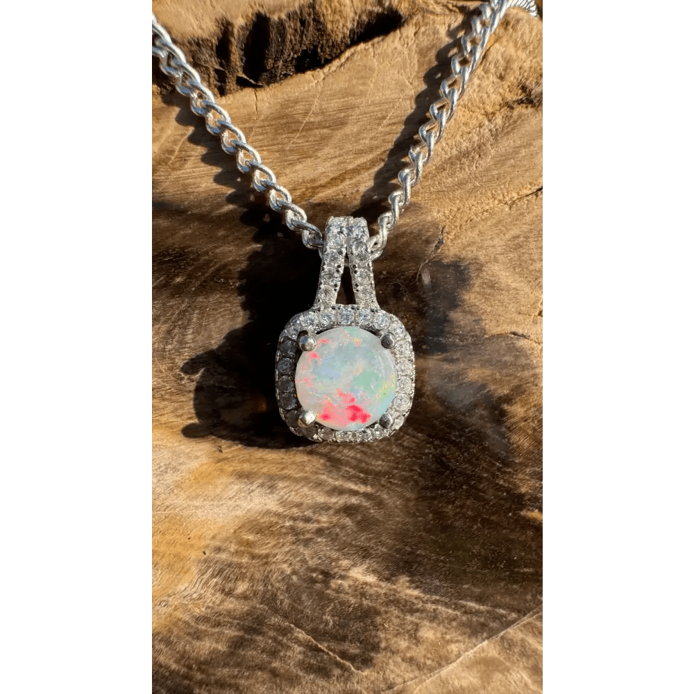 'Kimberley Glow' ~ Handcrafted 1.0ct Solid Lightning Ridge Opal and Cubic Zirconia 925 Sterling Silver Pendant Necklace