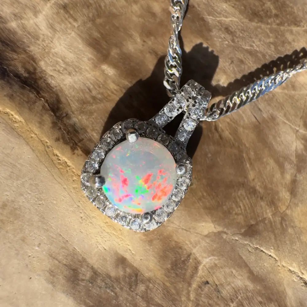 'Kimberley Glow' ~ Handcrafted 1.0ct Solid Lightning Ridge Opal and Cubic Zirconia 925 Sterling Silver Pendant Necklace