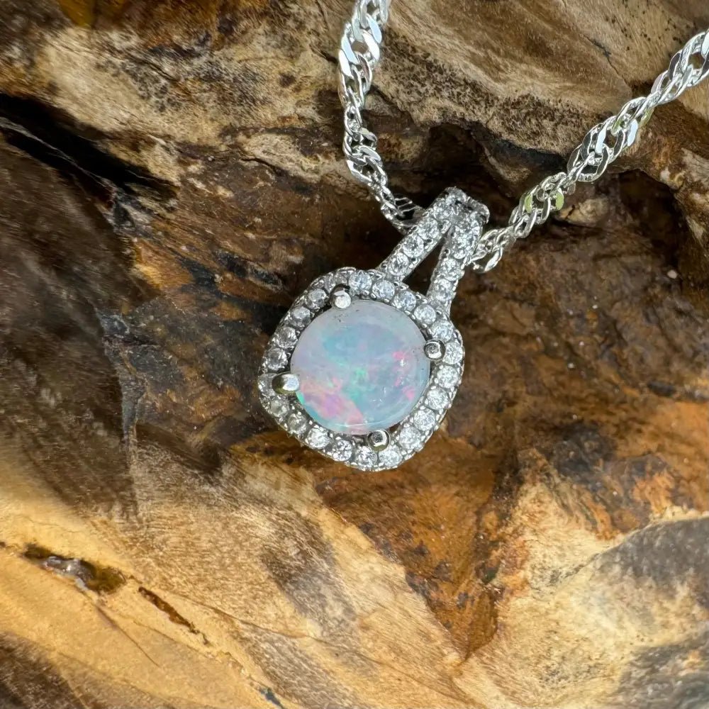 'Kimberley Glow' ~ Handcrafted 1.0ct Solid Lightning Ridge Opal and Cubic Zirconia 925 Sterling Silver Pendant Necklace