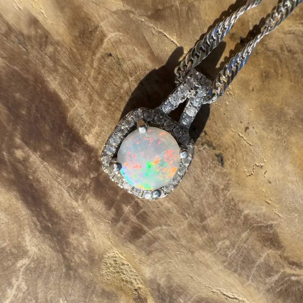 'Kimberley Glow' ~ Handcrafted 1.0ct Solid Lightning Ridge Opal and Cubic Zirconia 925 Sterling Silver Pendant Necklace