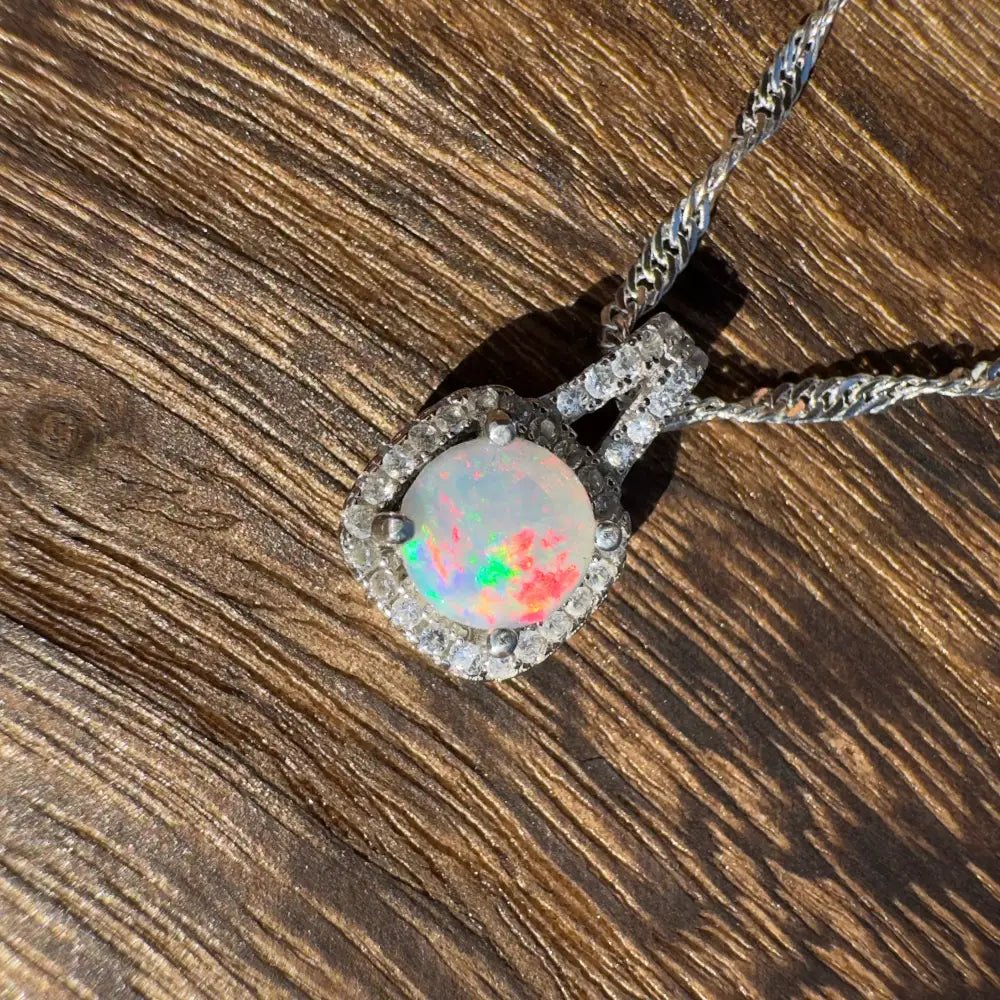 'Kimberley Glow' ~ Handcrafted 1.0ct Solid Lightning Ridge Opal and Cubic Zirconia 925 Sterling Silver Pendant Necklace