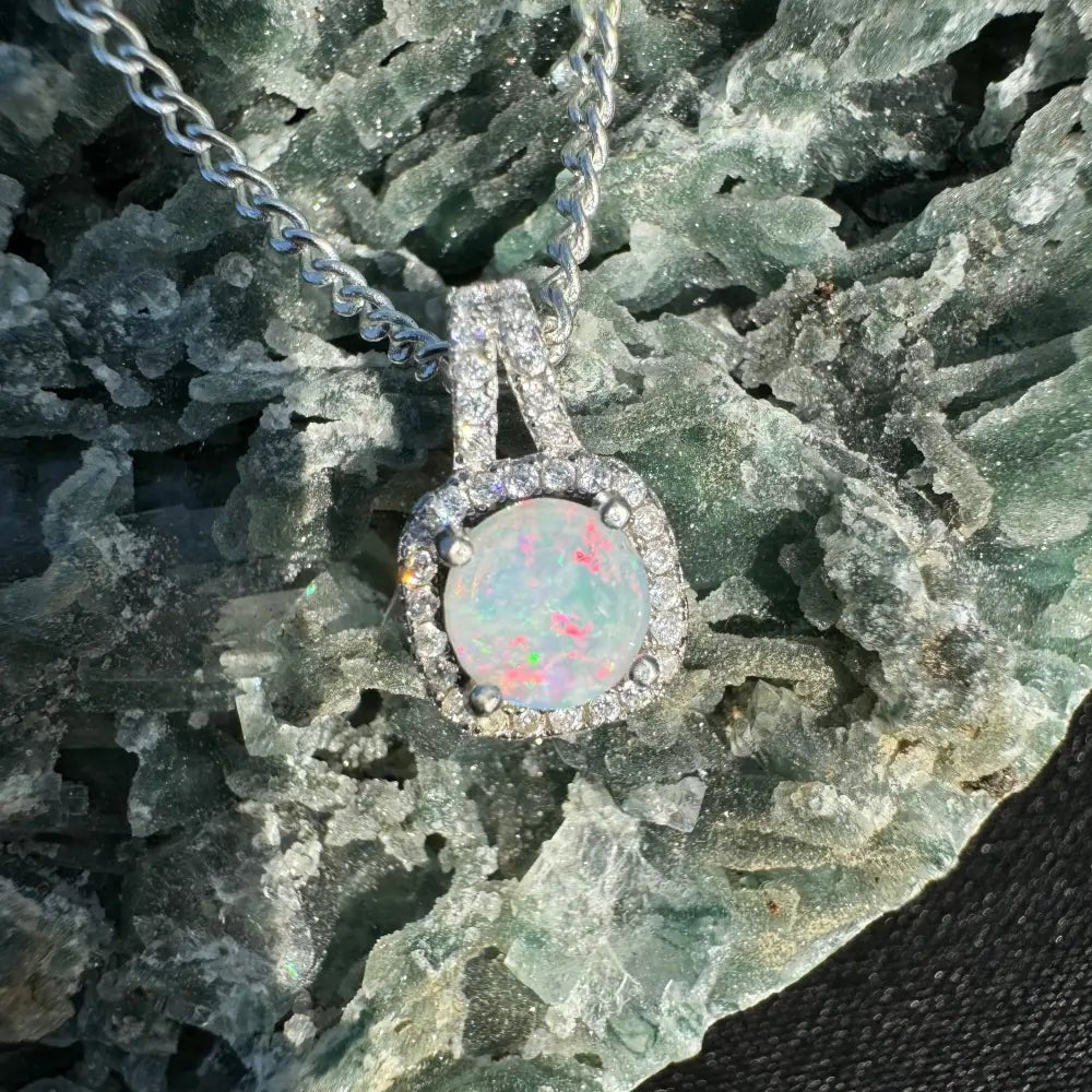 'Kimberley Glow' ~ Handcrafted 1.0ct Solid Lightning Ridge Opal and Cubic Zirconia 925 Sterling Silver Pendant Necklace
