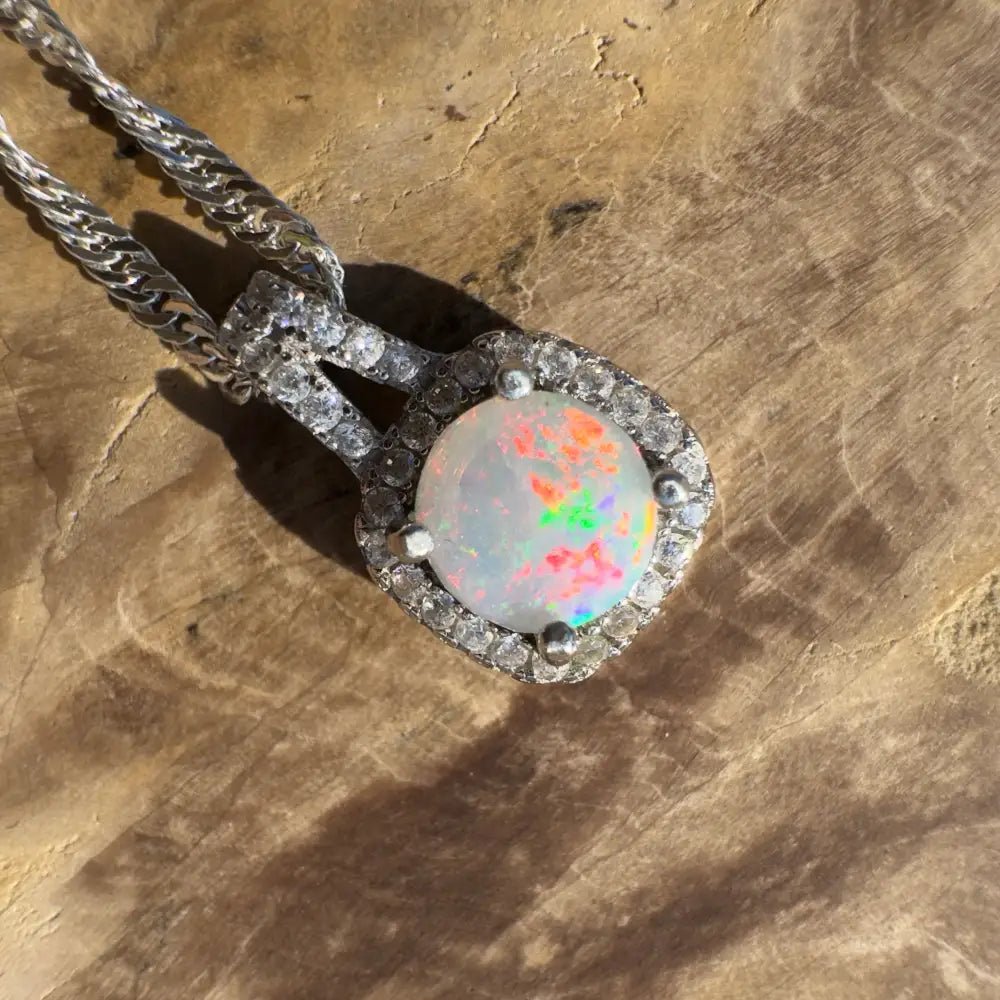 'Kimberley Glow' ~ Handcrafted 1.0ct Solid Lightning Ridge Opal and Cubic Zirconia 925 Sterling Silver Pendant Necklace