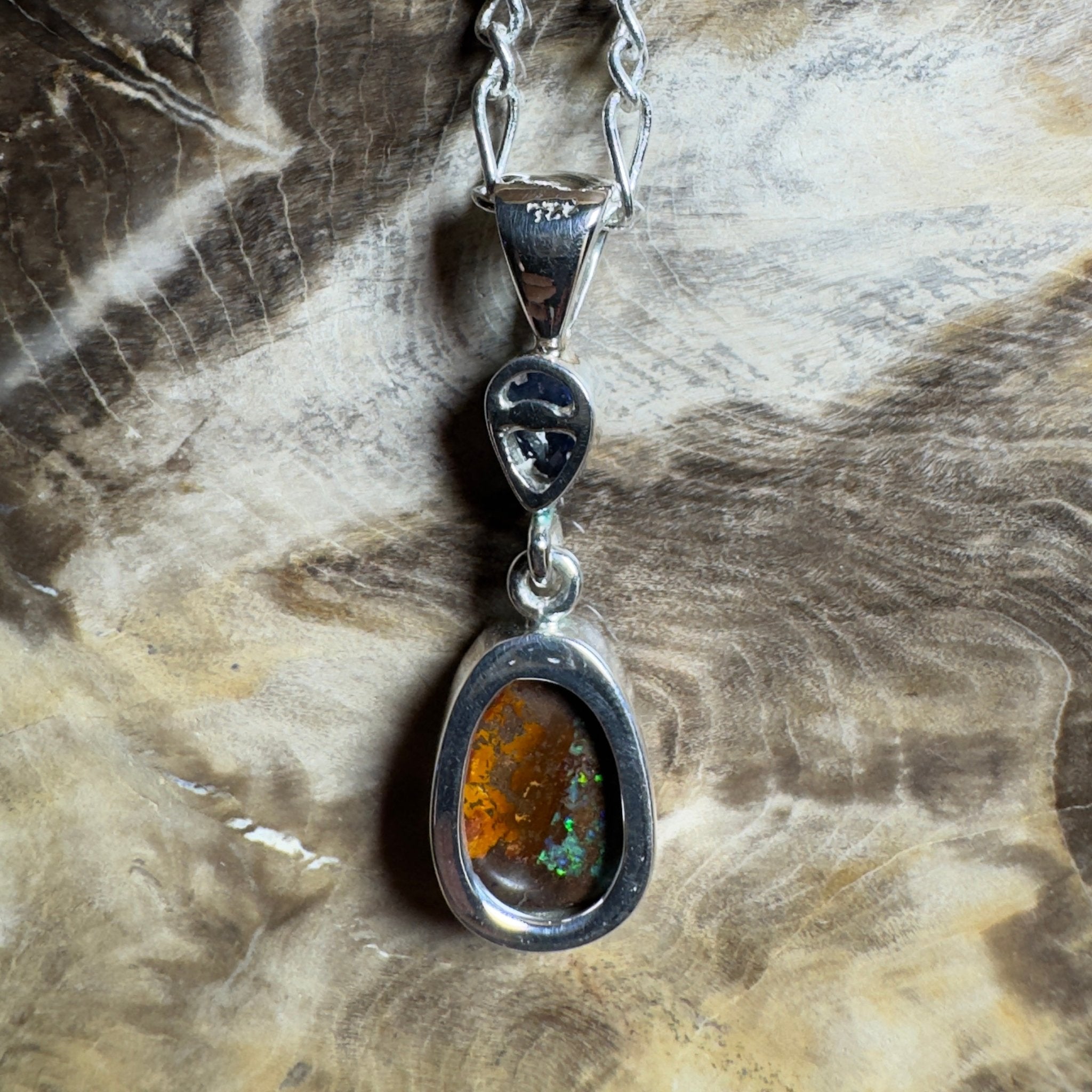 Kings Canyon Kaleidoscope ~ 3.3ct Queensland Boulder Opal and 0.51ct Queensland Sapphire 925 Sterling Silver Pendant Necklace