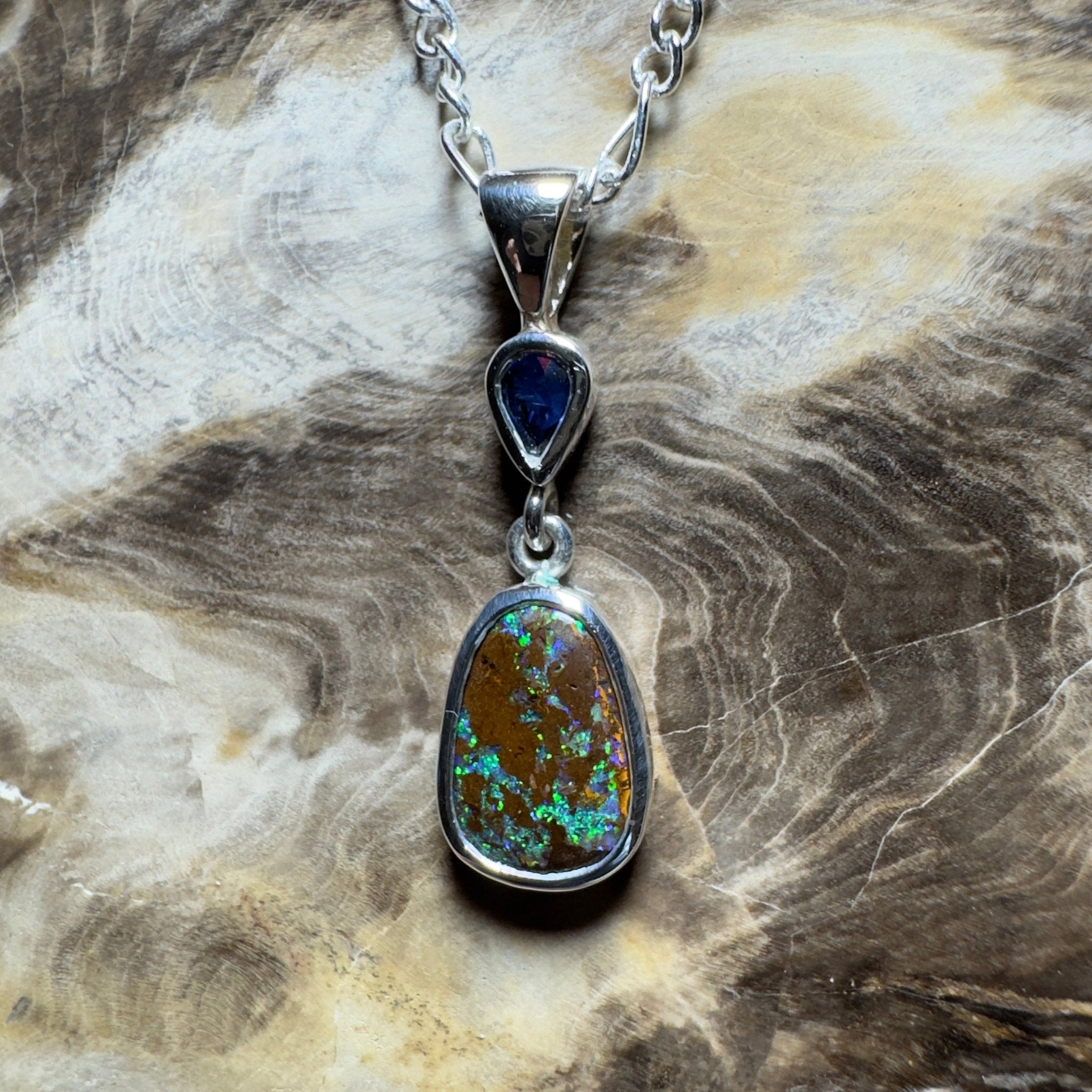 Kings Canyon Kaleidoscope ~ 3.3ct Queensland Boulder Opal and 0.51ct Queensland Sapphire 925 Sterling Silver Pendant Necklace