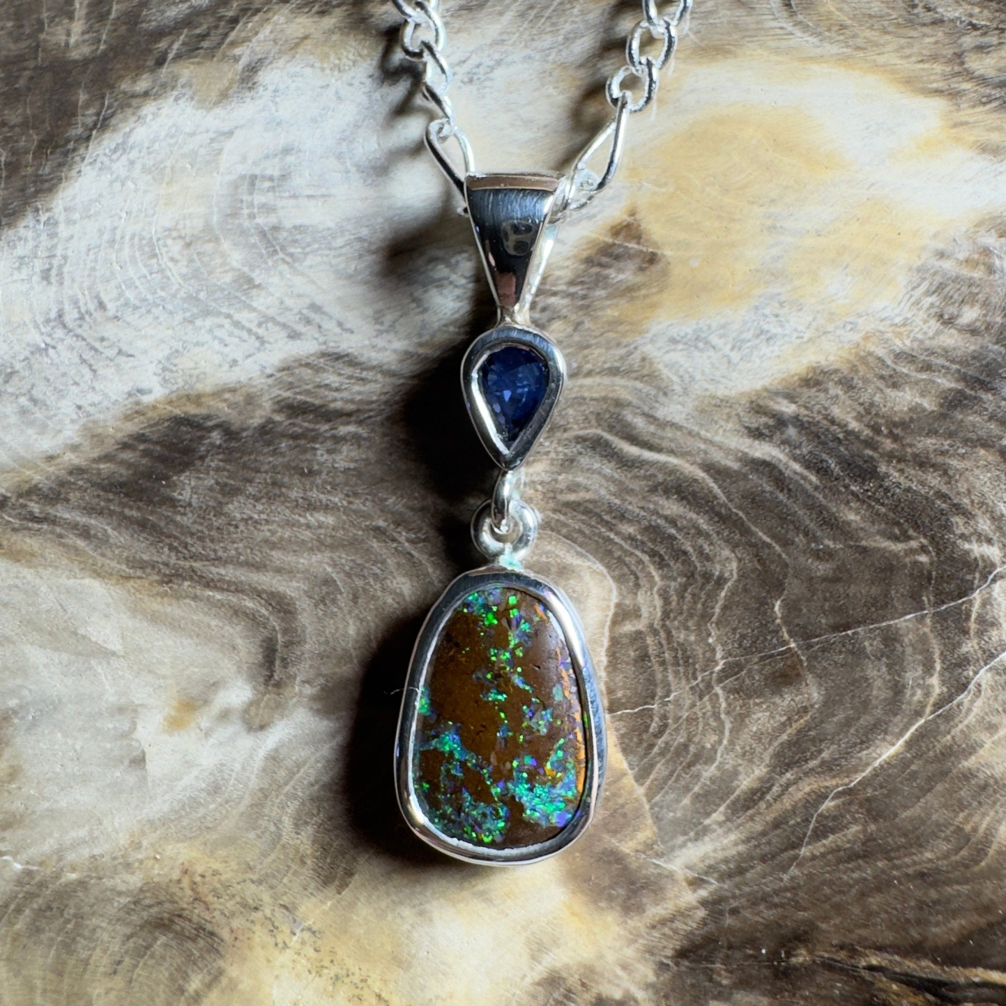 Kings Canyon Kaleidoscope ~ 3.3ct Queensland Boulder Opal and 0.51ct Queensland Sapphire 925 Sterling Silver Pendant Necklace