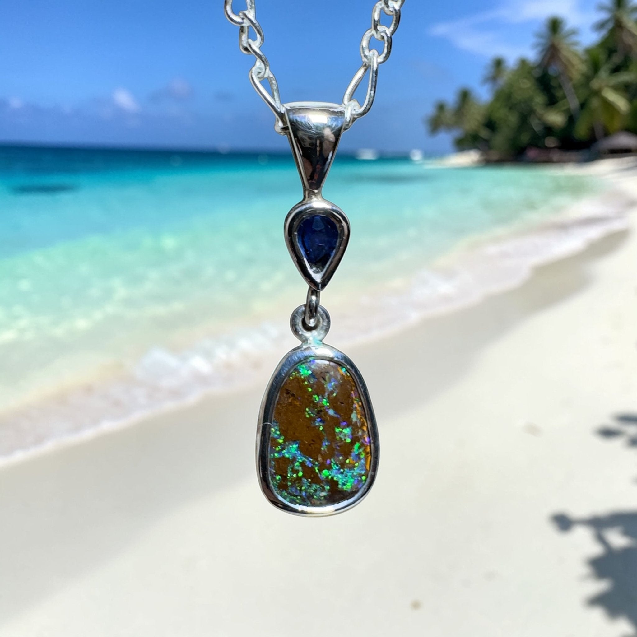 Kings Canyon Kaleidoscope ~ 3.3ct Queensland Boulder Opal and 0.51ct Queensland Sapphire 925 Sterling Silver Pendant Necklace