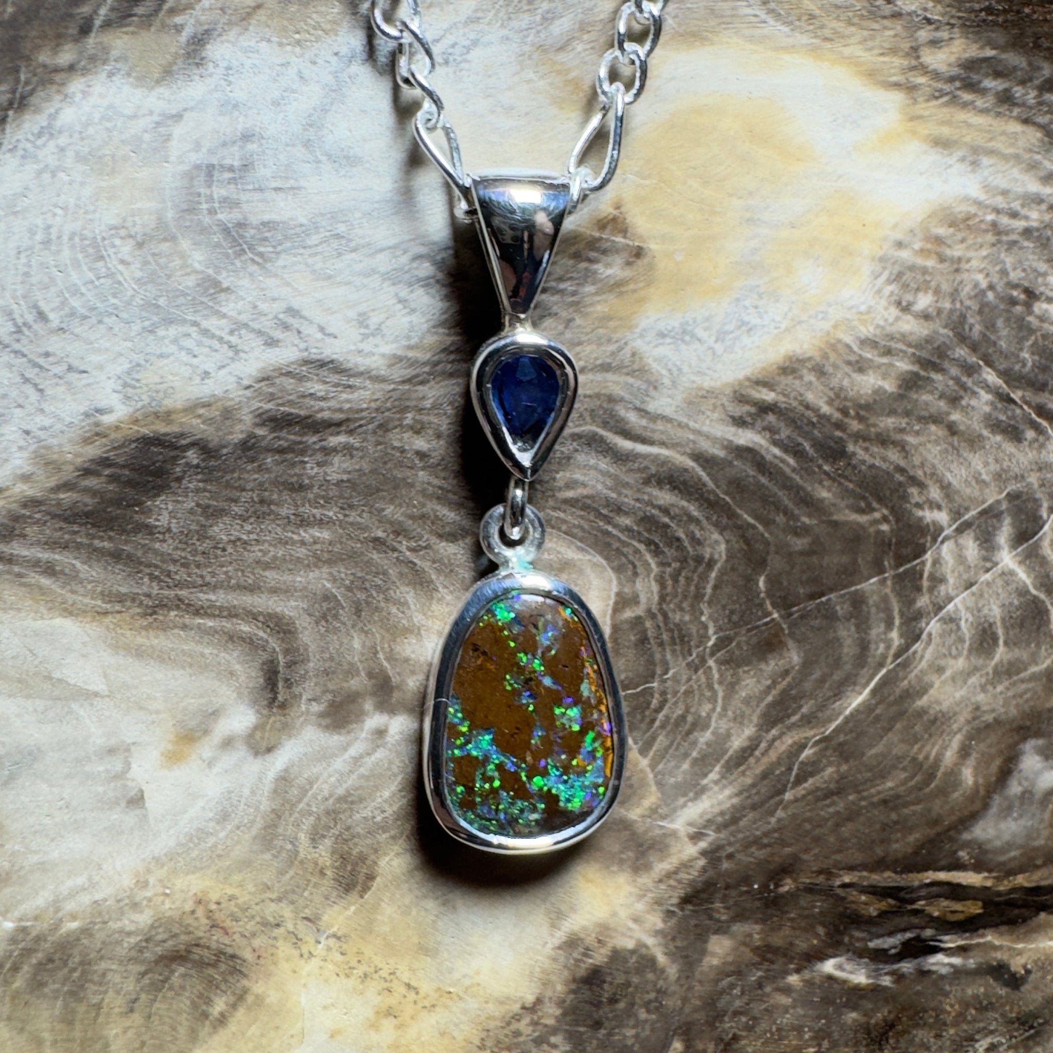 Kings Canyon Kaleidoscope ~ 3.3ct Queensland Boulder Opal and 0.51ct Queensland Sapphire 925 Sterling Silver Pendant Necklace