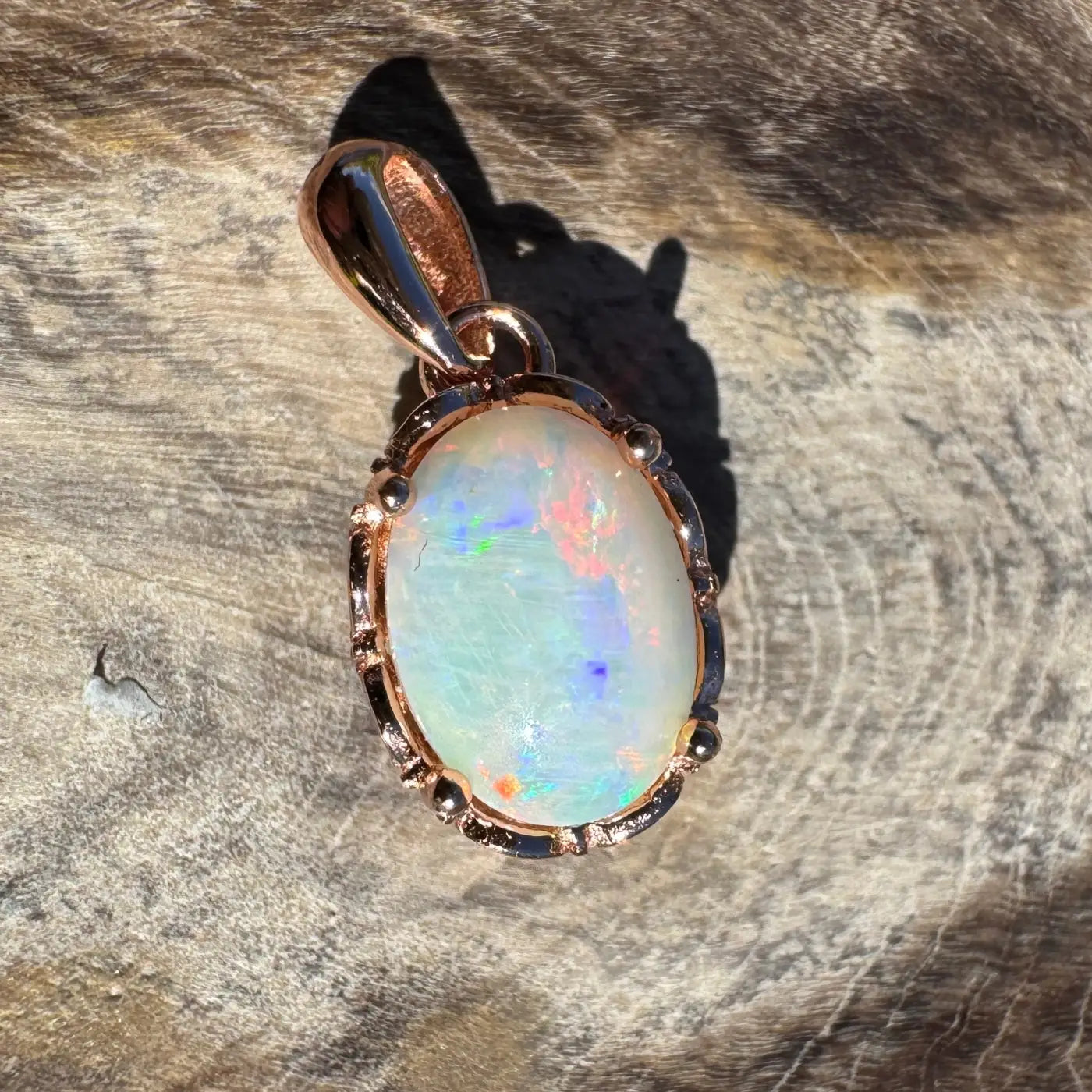 Oval Opal Pendant with Rose Gold Setting in Handcrafted Coober Pedy Opal Jewelry