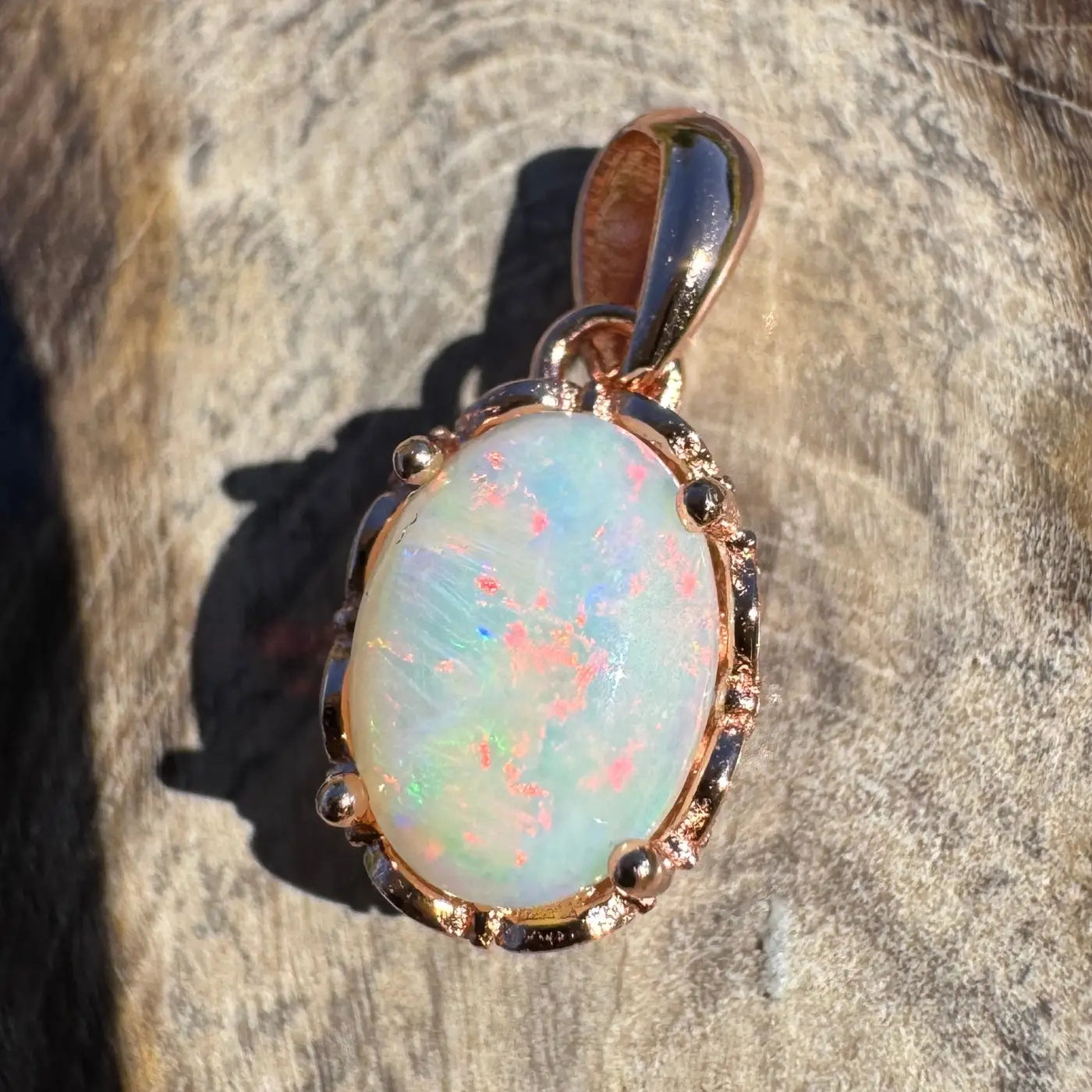 Rose gold opal pendant from Larapinta Flame handcrafted 0.8ct solid Coober Pedy Opal
