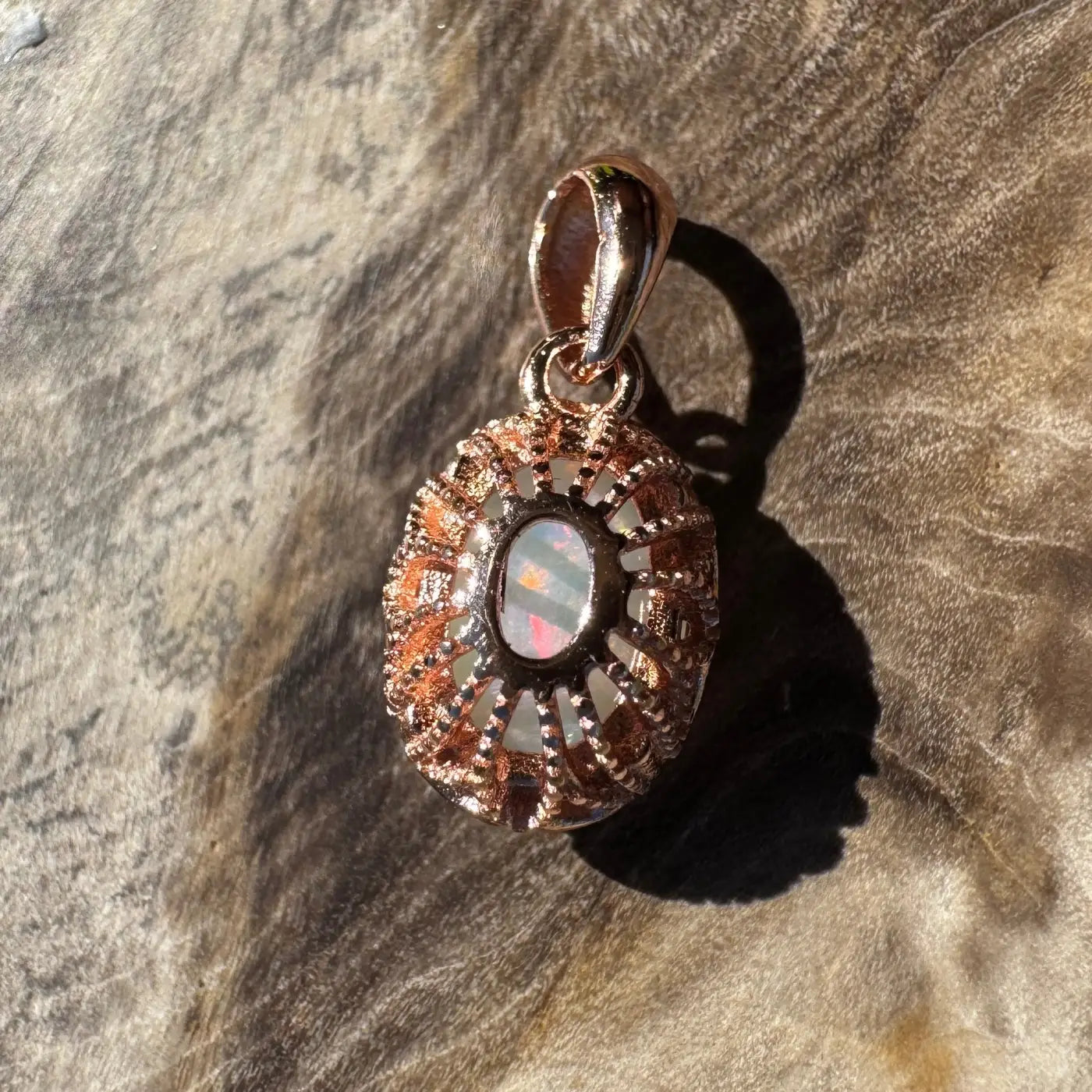 Rose gold opal pendant in Larapinta Flame handcrafted solid Coober Pedy opal design