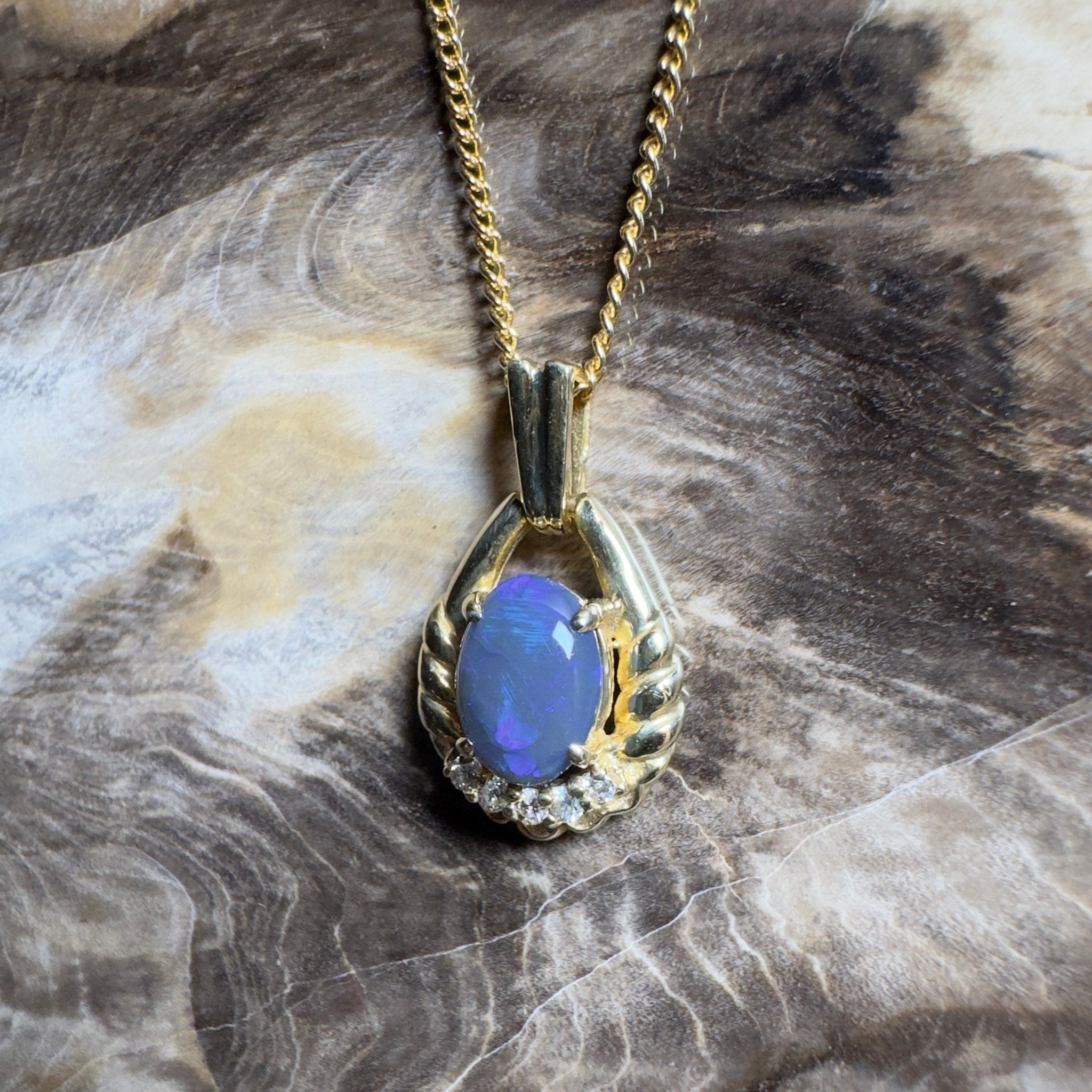 Lightning Ridge Halo ~ 1ct Lightning Ridge Black Opal 18ct Yellow Gold Pendant