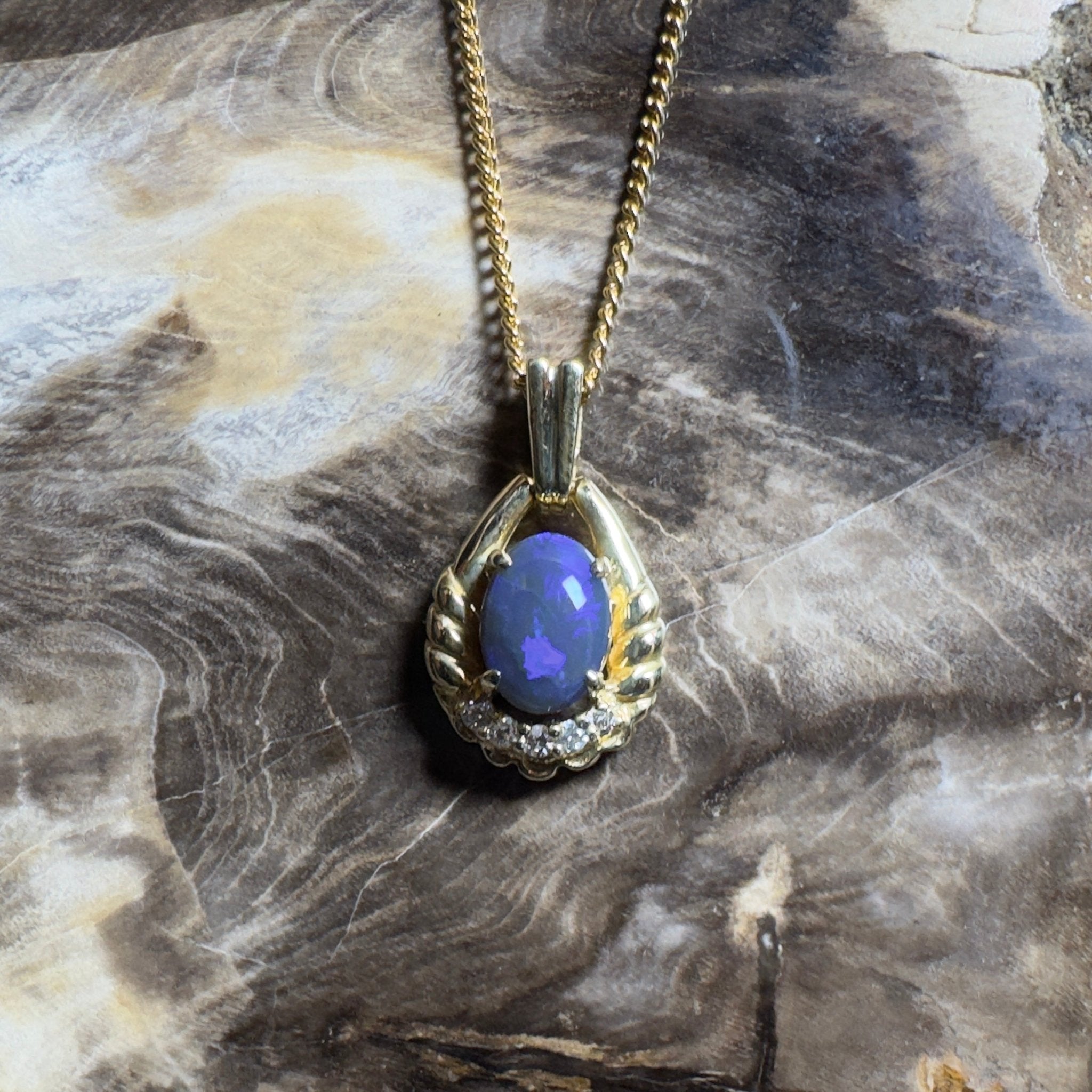 Lightning Ridge Halo ~ 1ct Lightning Ridge Black Opal 18ct Yellow Gold Pendant