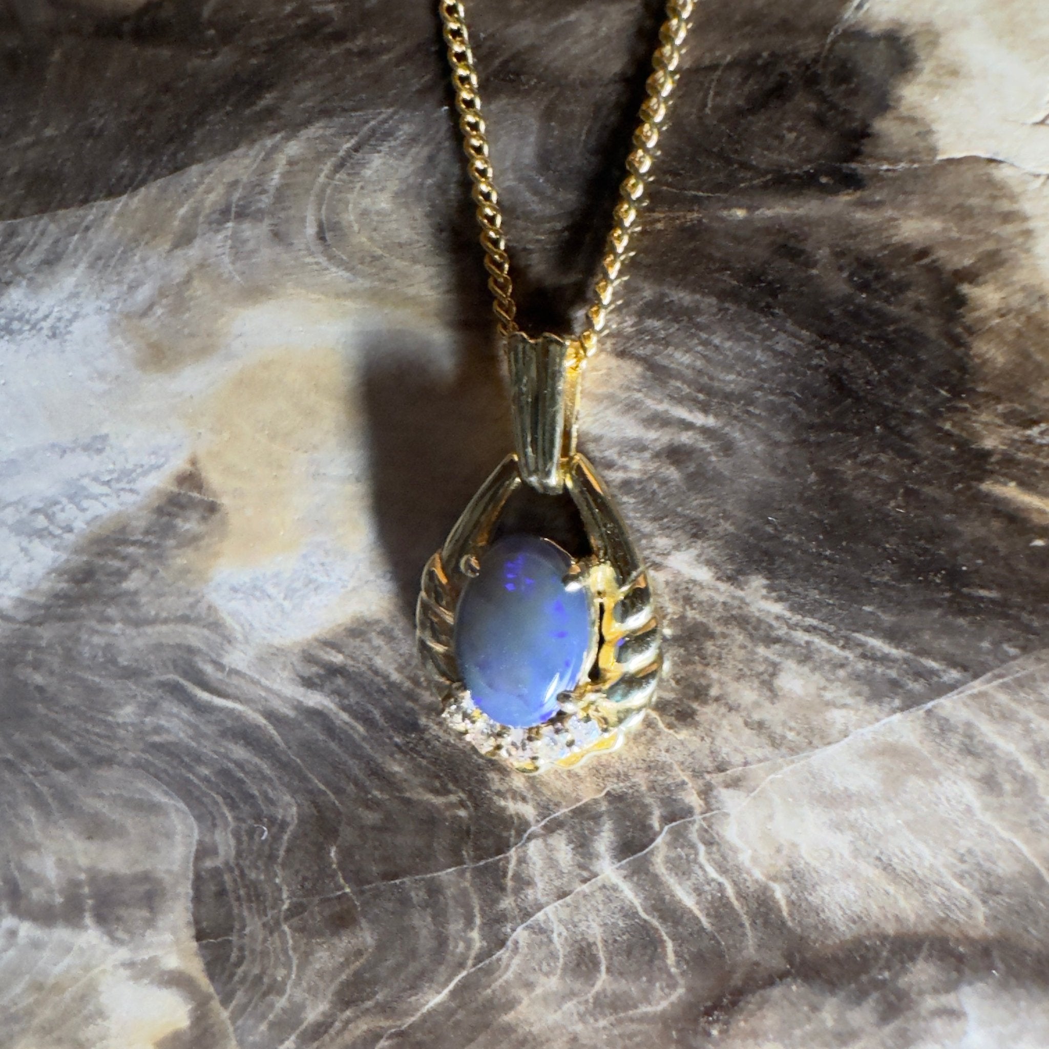 Lightning Ridge Halo ~ 1ct Lightning Ridge Black Opal 18ct Yellow Gold Pendant