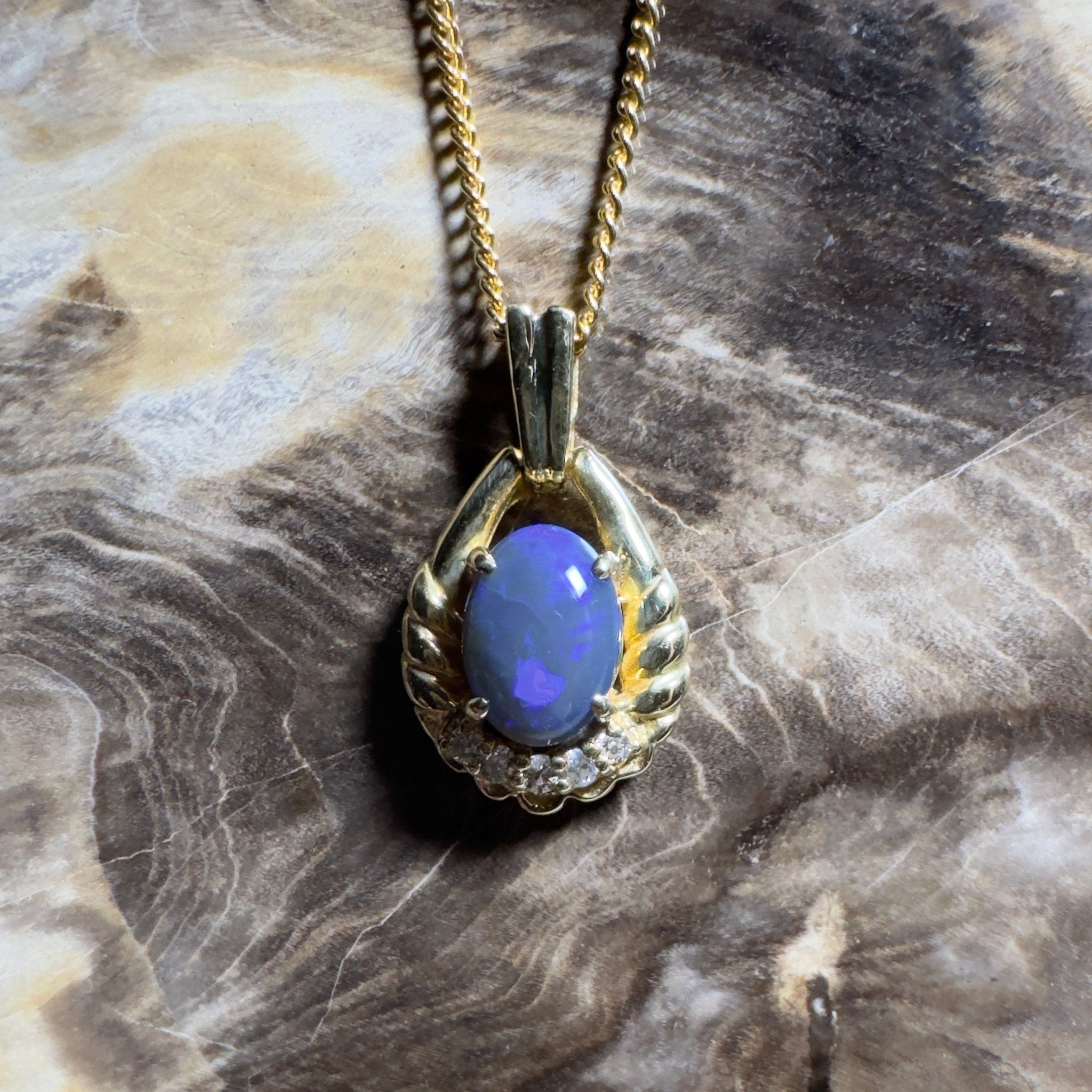 Lightning Ridge Halo ~ 1ct Lightning Ridge Black Opal 18ct Yellow Gold Pendant