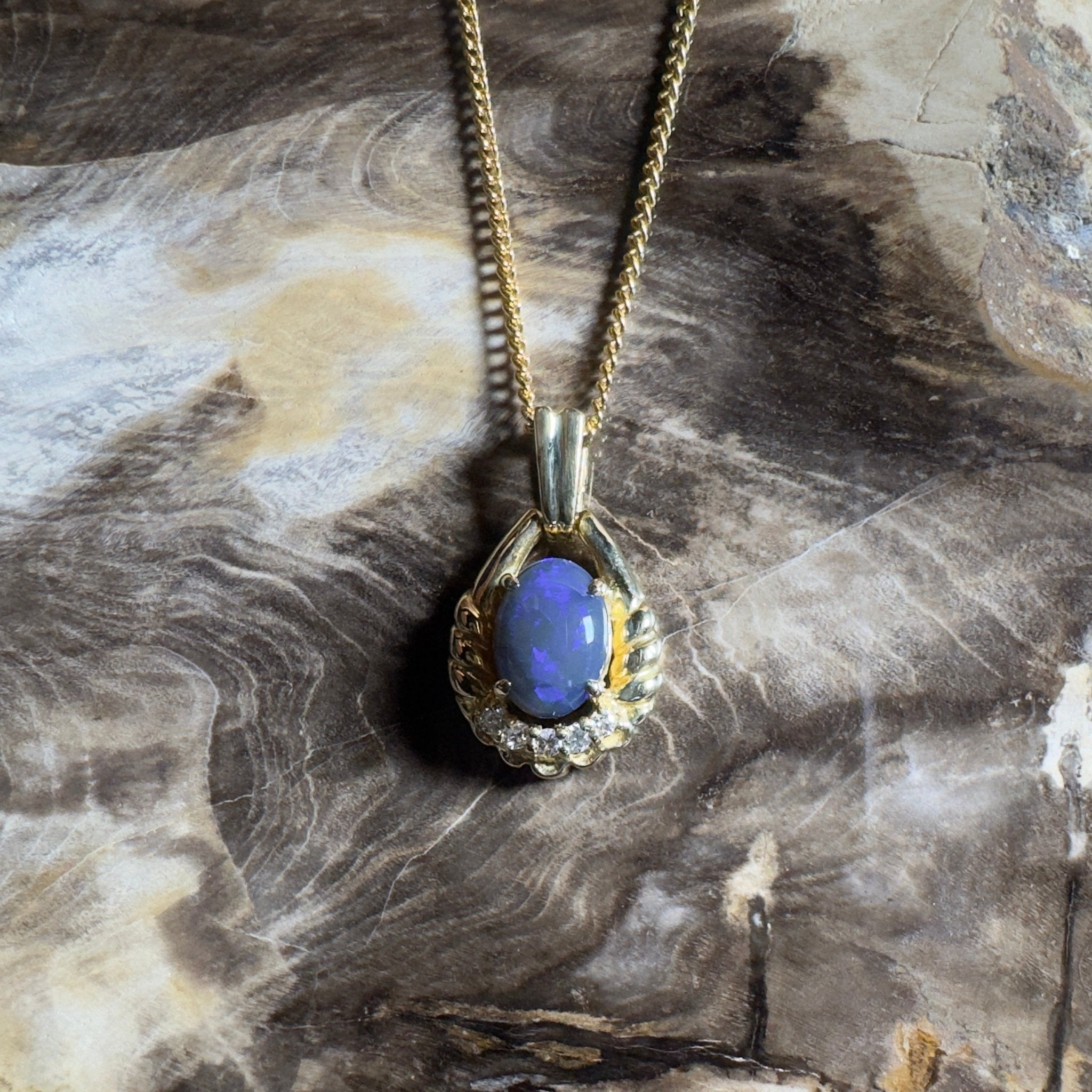 Lightning Ridge Halo ~ 1ct Lightning Ridge Black Opal 18ct Yellow Gold Pendant