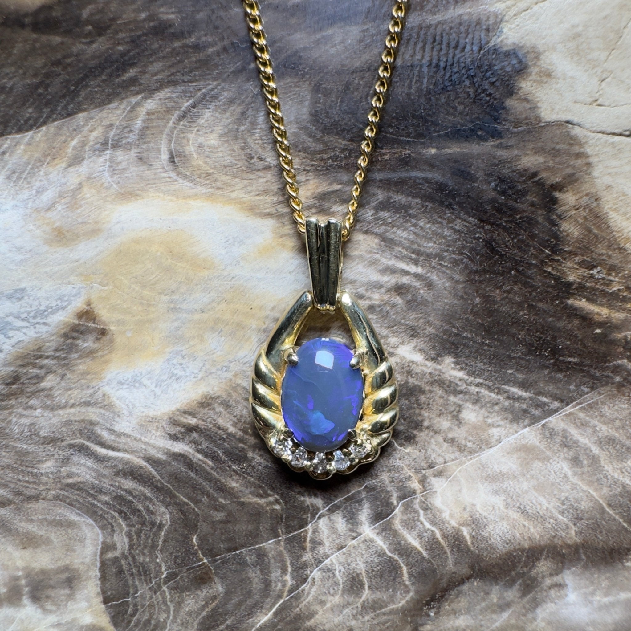 Lightning Ridge Halo ~ 1ct Lightning Ridge Black Opal 18ct Yellow Gold Pendant