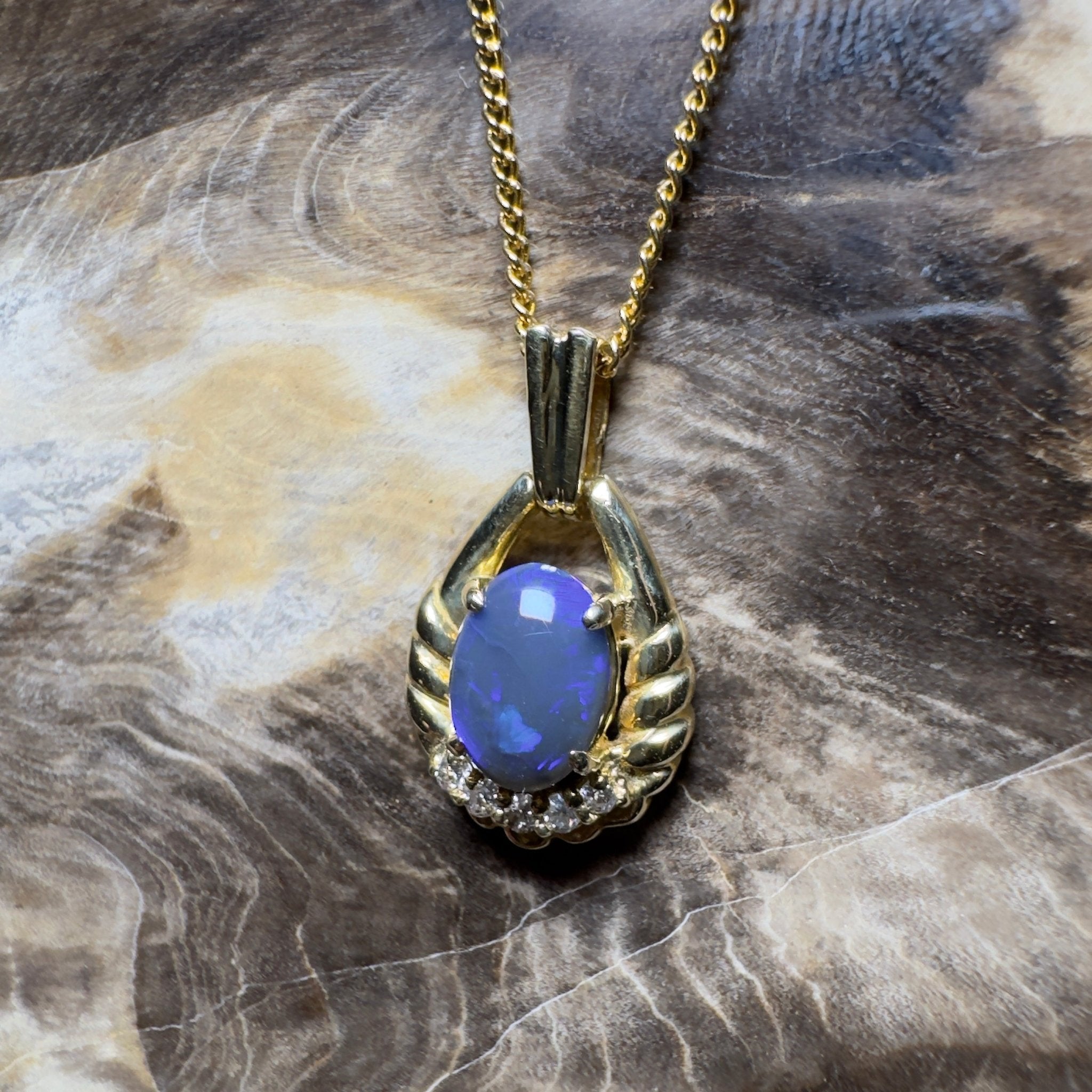 Lightning Ridge Halo ~ 1ct Lightning Ridge Black Opal 18ct Yellow Gold Pendant