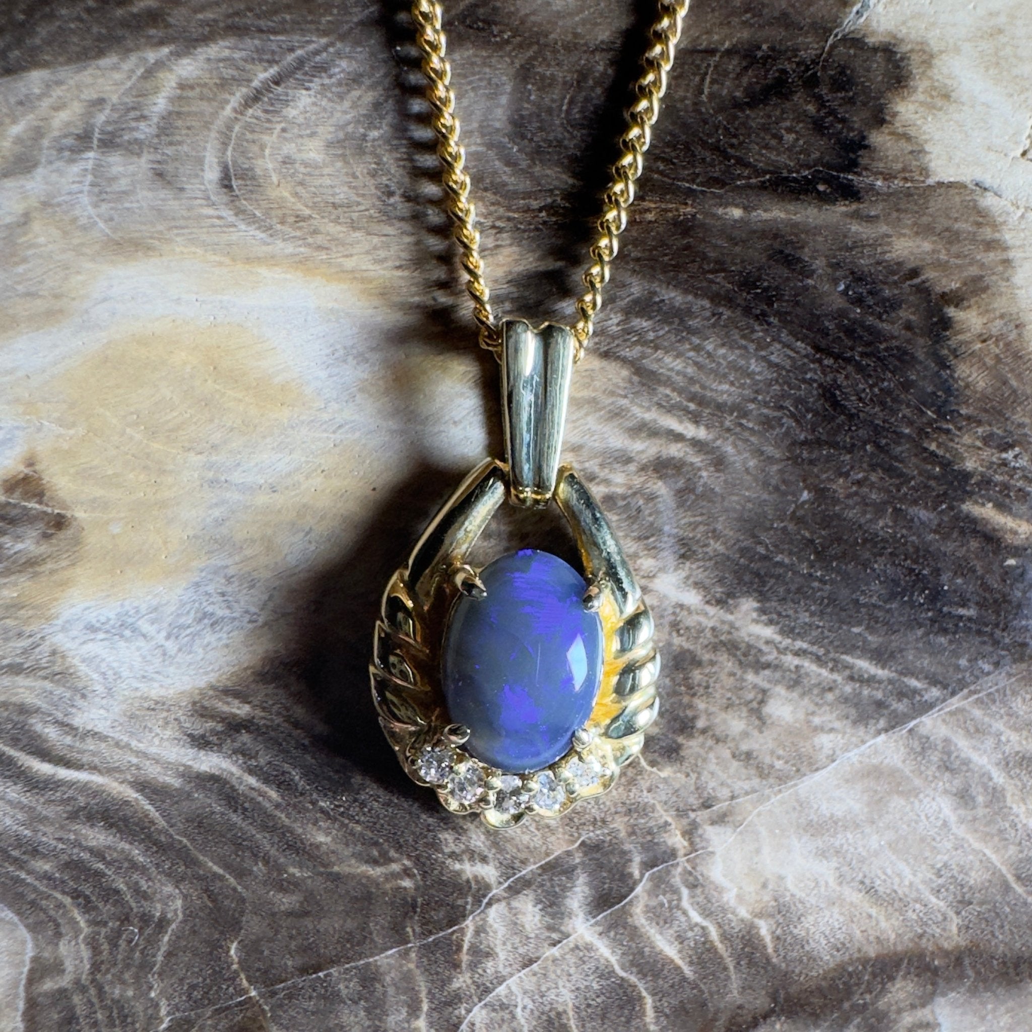 Lightning Ridge Halo ~ 1ct Lightning Ridge Black Opal 18ct Yellow Gold Pendant