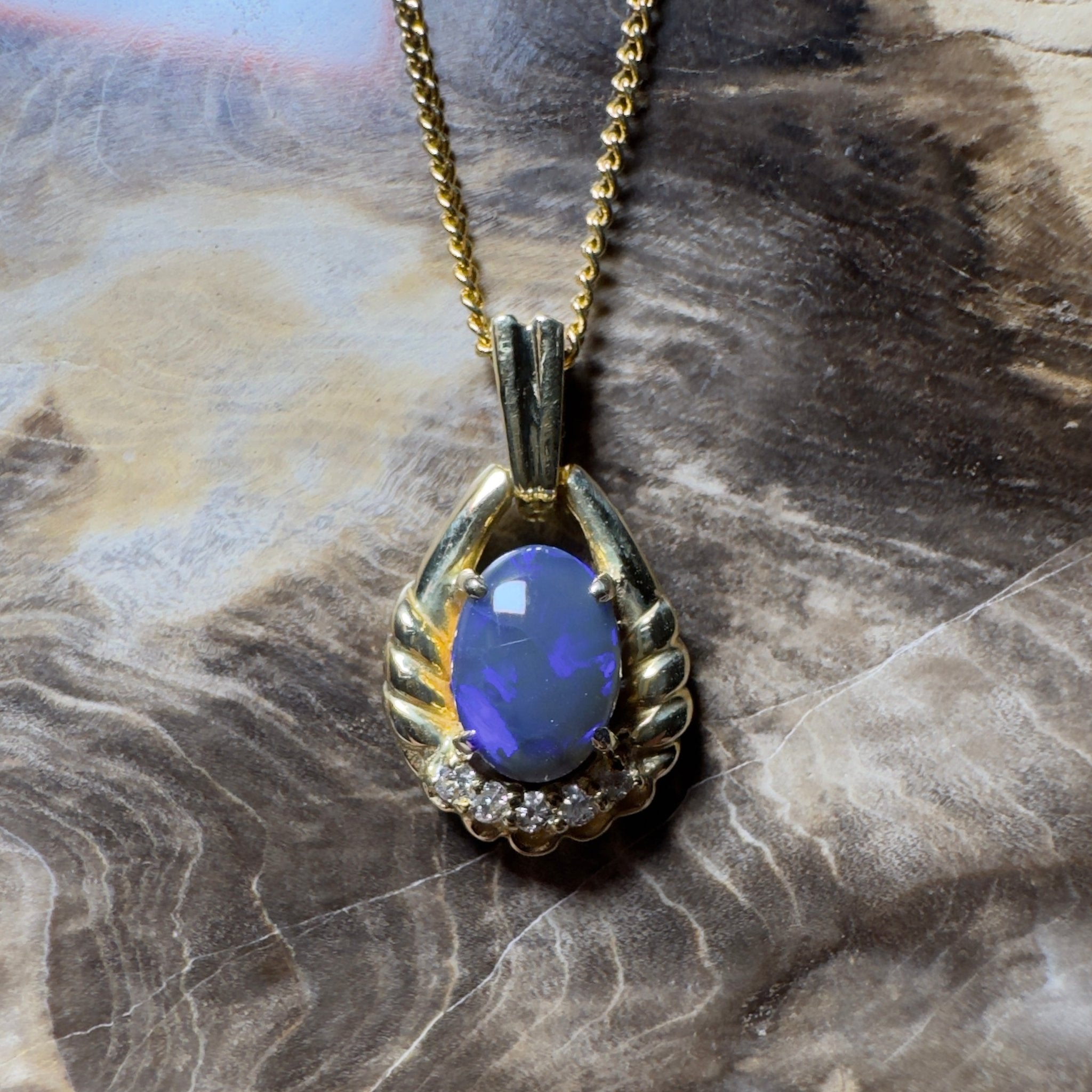 Lightning Ridge Halo ~ 1ct Lightning Ridge Black Opal 18ct Yellow Gold Pendant