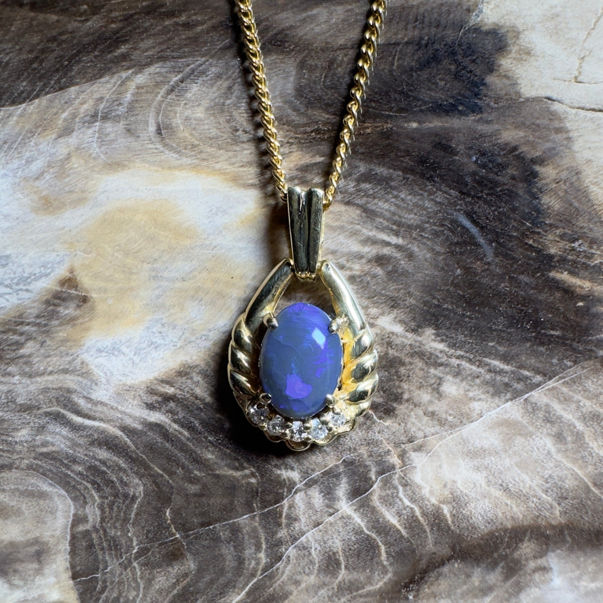 Lightning Ridge Halo ~ 1ct Lightning Ridge Black Opal 18ct Yellow Gold Pendant