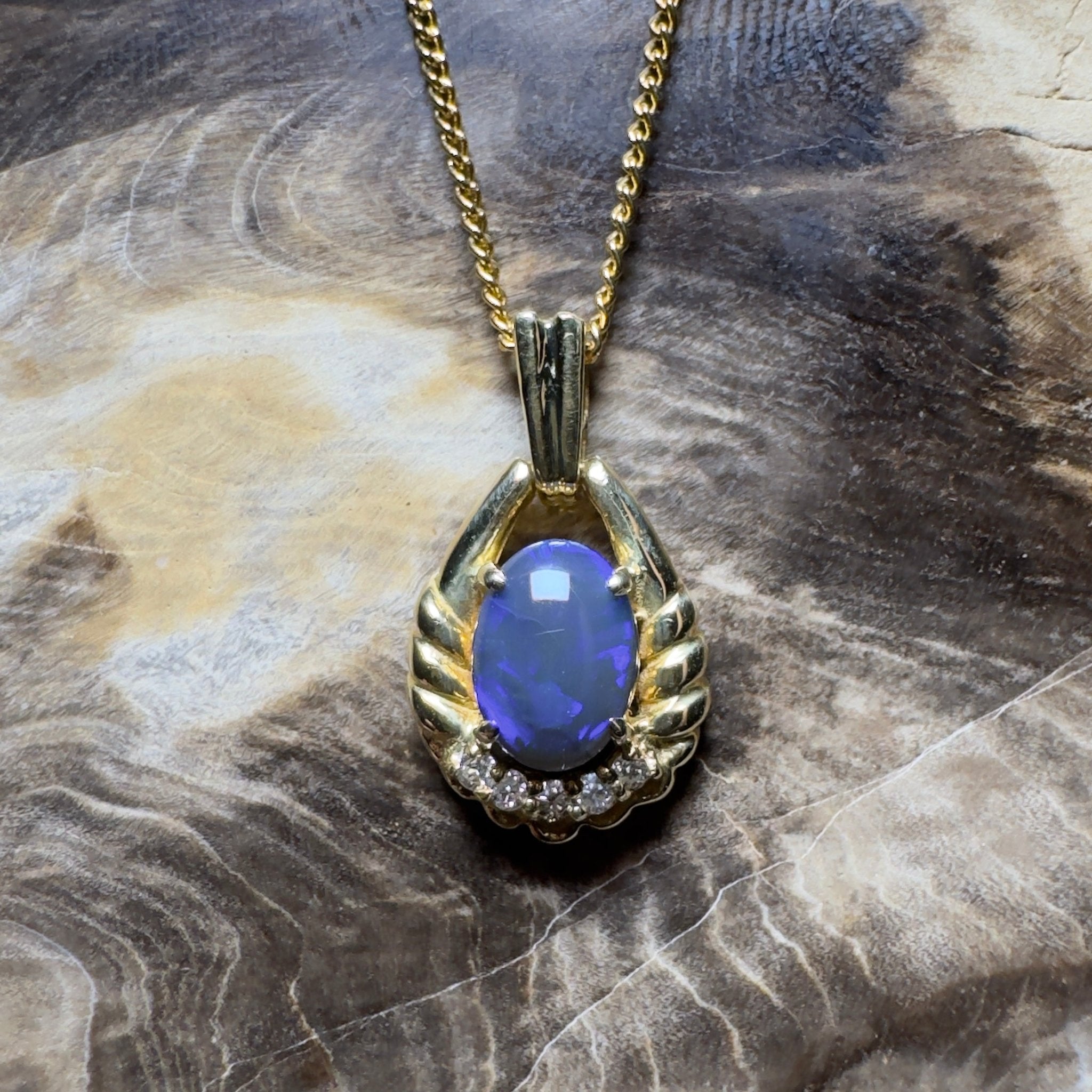 Lightning Ridge Halo ~ 1ct Lightning Ridge Black Opal 18ct Yellow Gold Pendant