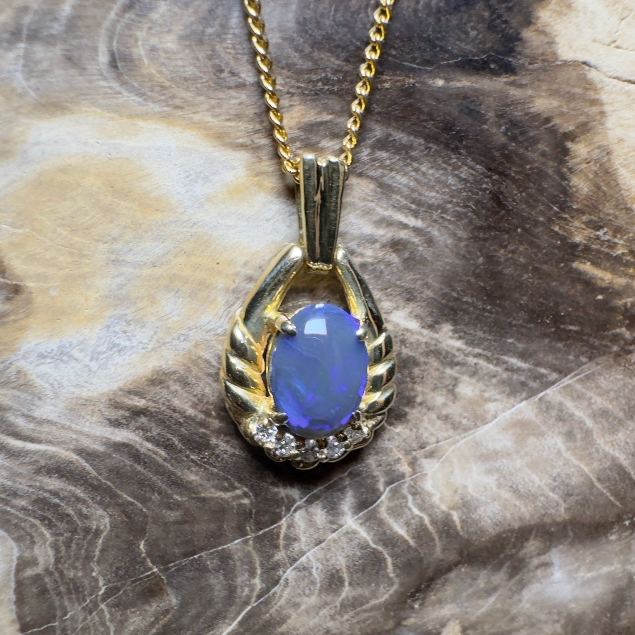 Lightning Ridge Halo ~ 1ct Lightning Ridge Black Opal 18ct Yellow Gold Pendant