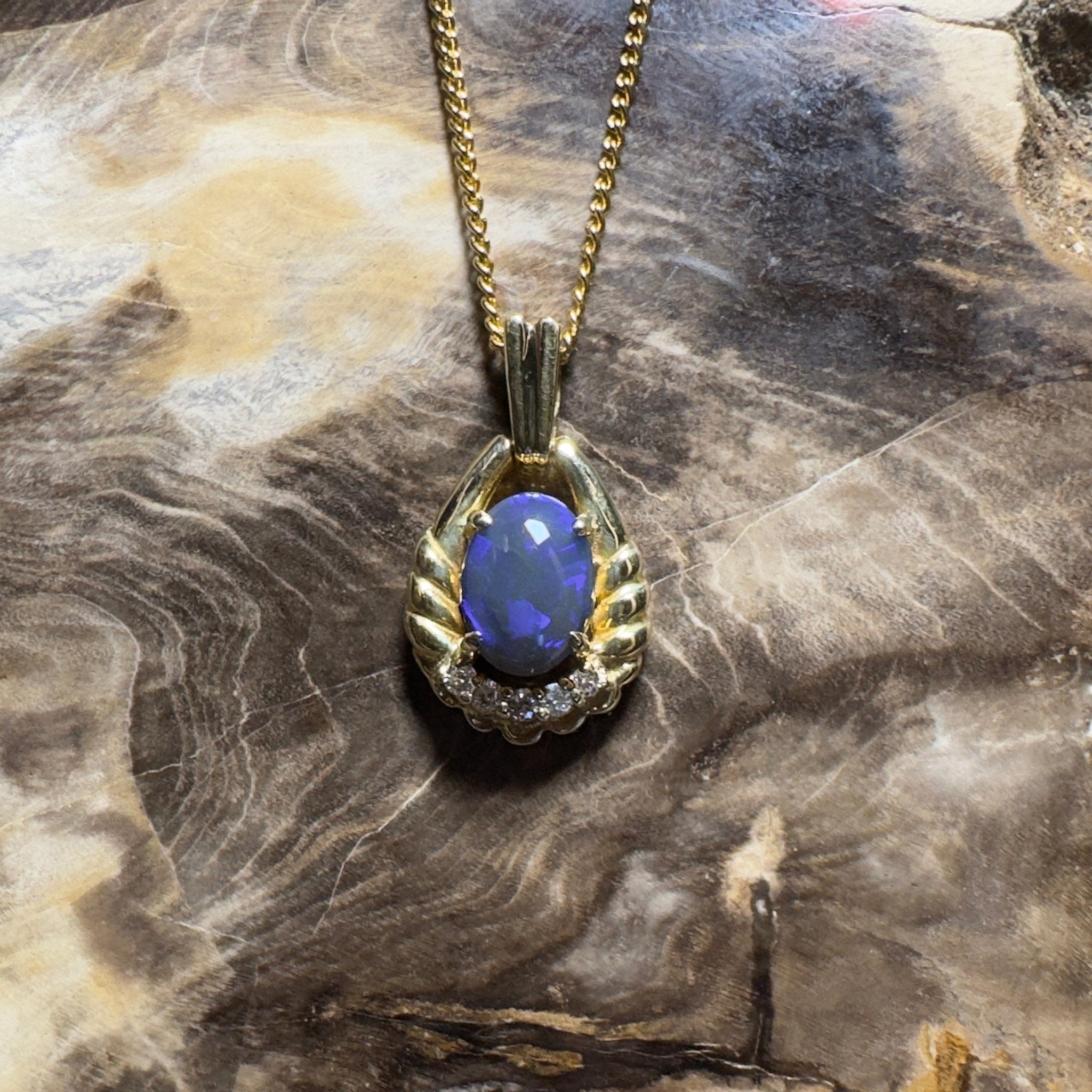 Lightning Ridge Halo ~ 1ct Lightning Ridge Black Opal 18ct Yellow Gold Pendant