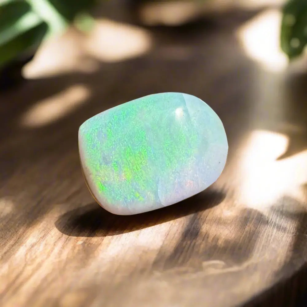 Iridescent Lightning Ridge Opal gemstone showing vibrant play of colors in a hand-cut setting