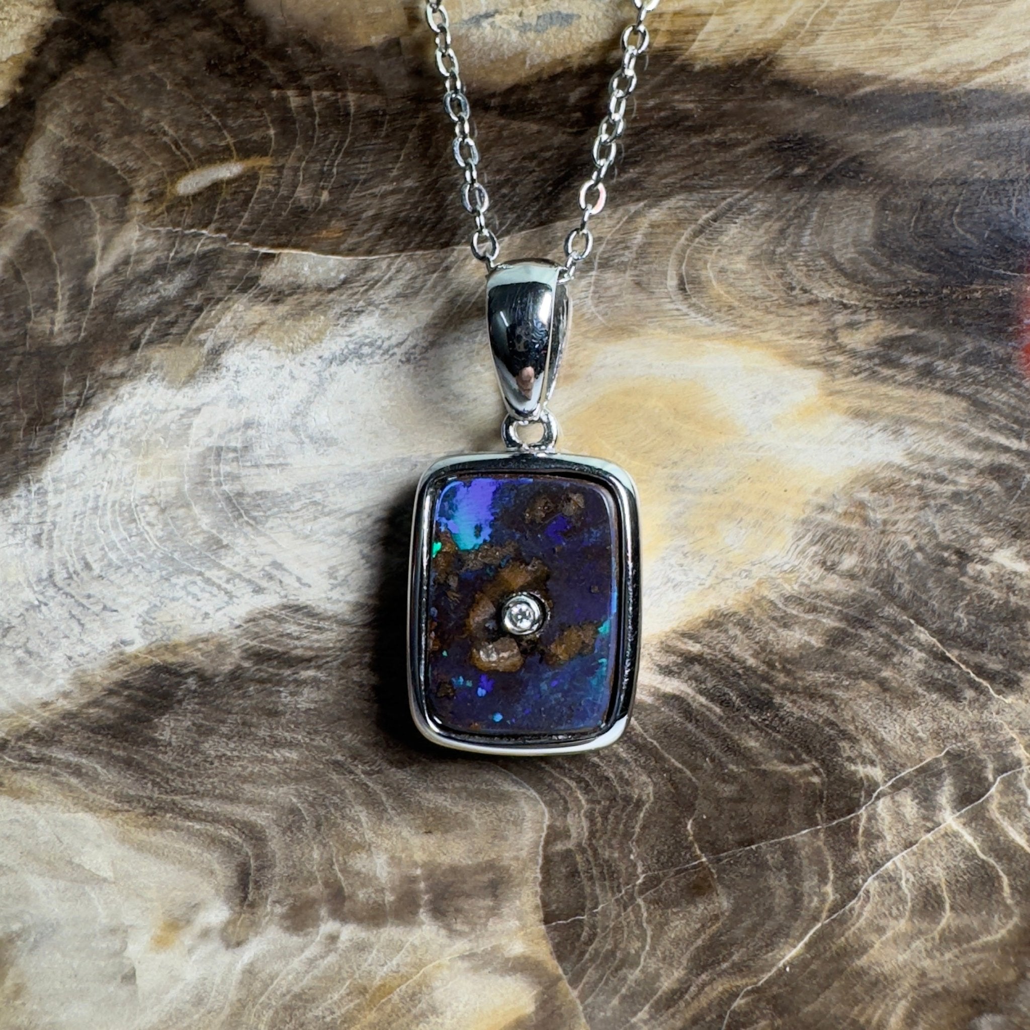 MacDonnell Spectrum ~ Queensland Boulder Opal 925 Sterling Silver Pendant Necklace