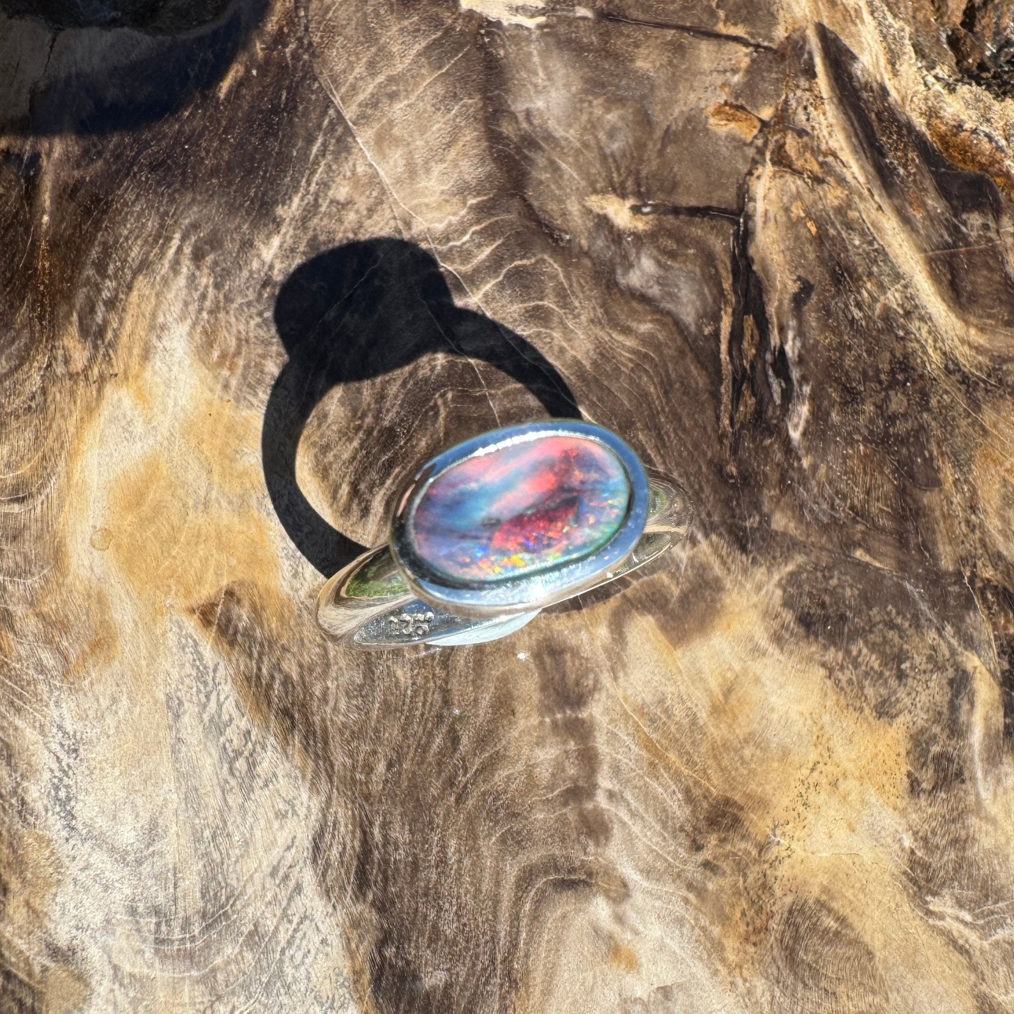 Midnight Ember ~ 0.8ct Solid Lightning Ridge Black Opal 925 Sterling Silver Ring
