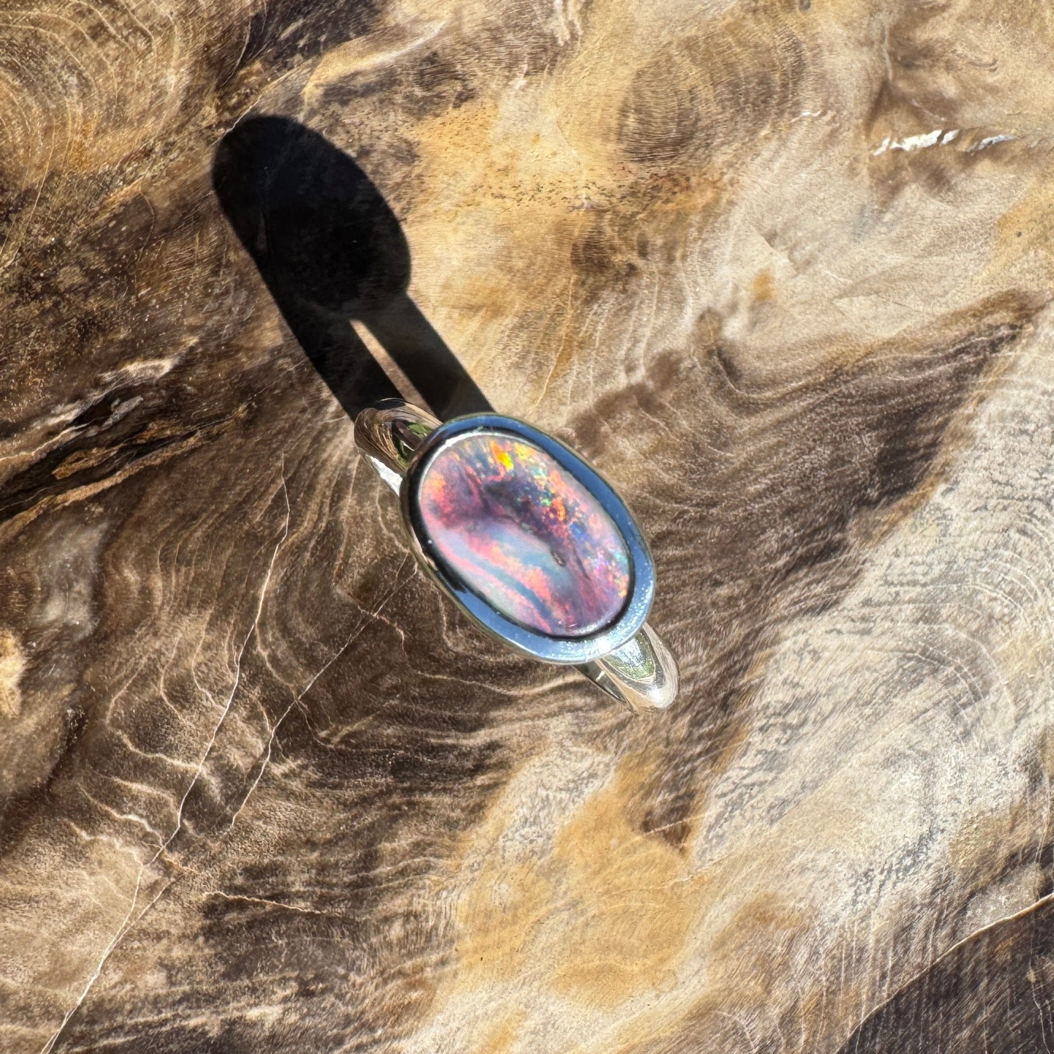 Midnight Ember ~ 0.8ct Solid Lightning Ridge Black Opal 925 Sterling Silver Ring