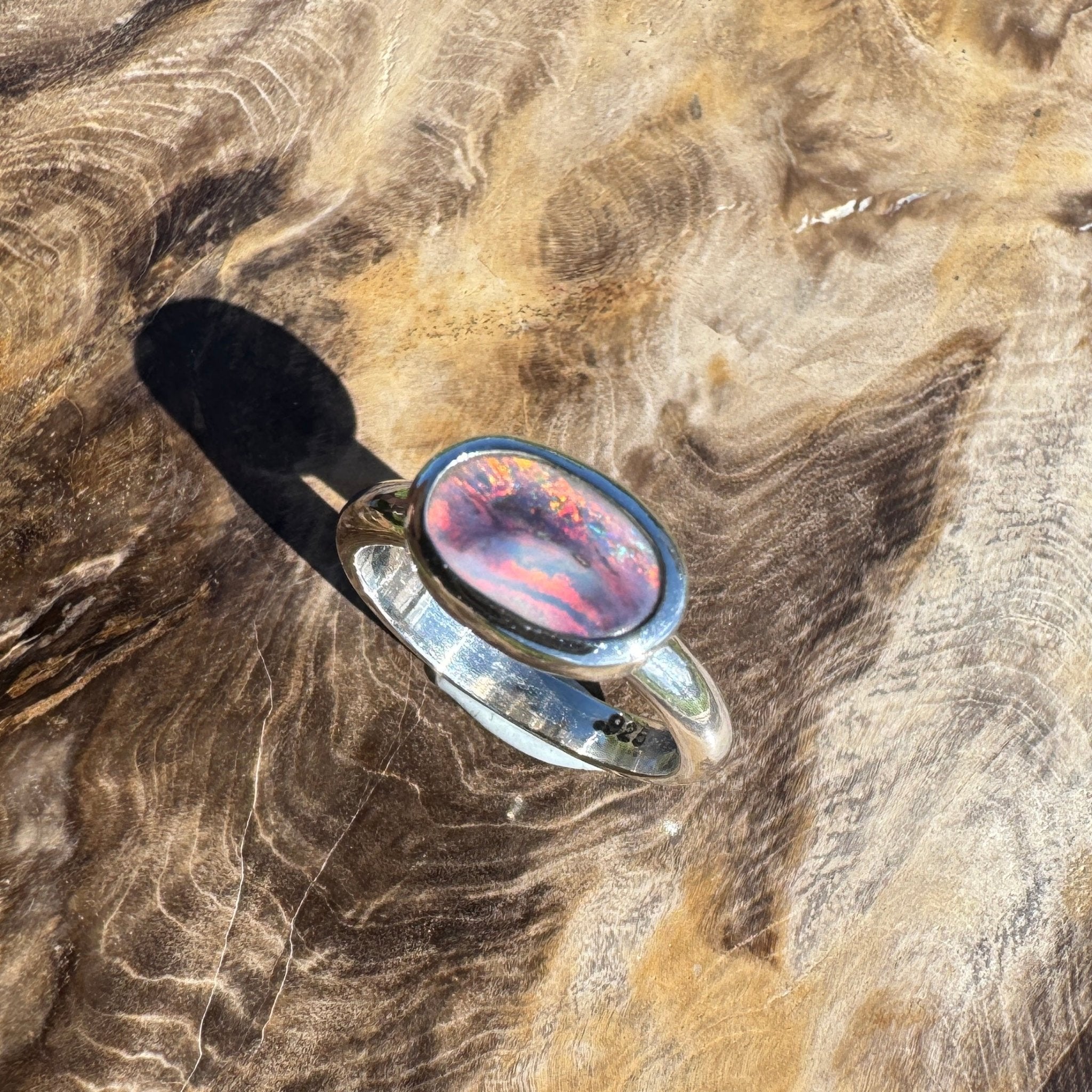 Midnight Ember ~ 0.8ct Solid Lightning Ridge Black Opal 925 Sterling Silver Ring