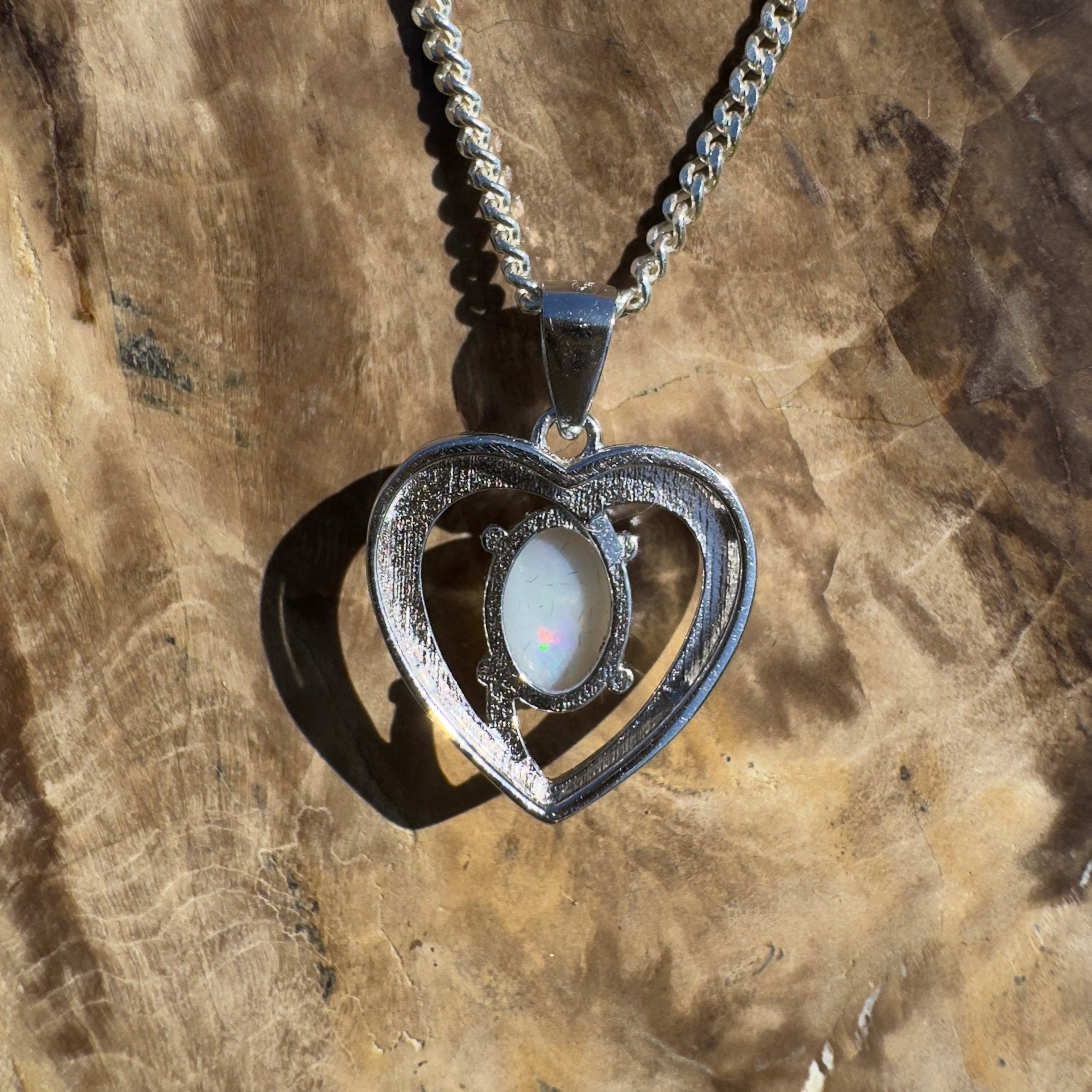 Moonie Crossing Love ~ 0.8ct Lightning Ridge Opal 925 Silver Heart Pendant