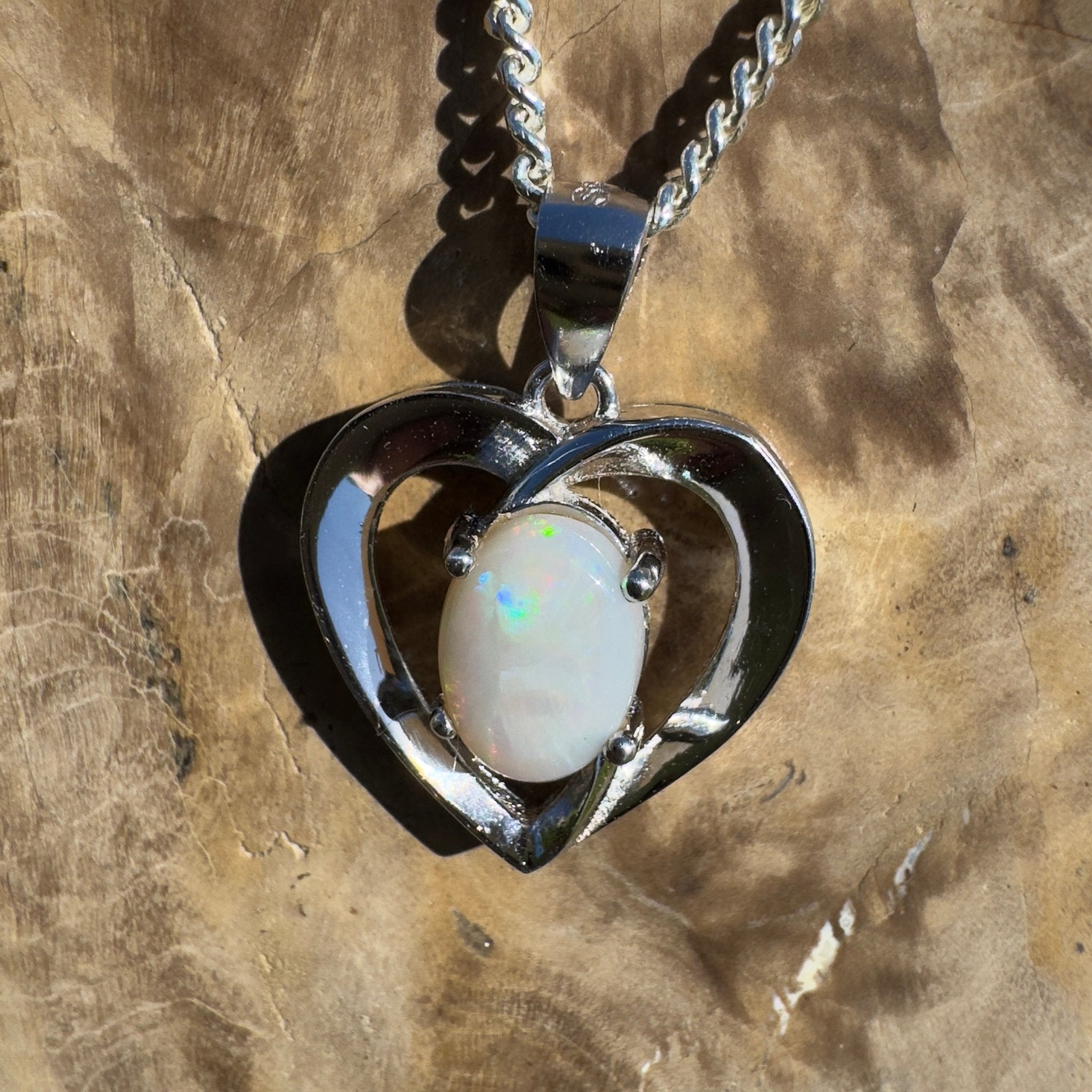Moonie Crossing Love ~ 0.8ct Lightning Ridge Opal 925 Silver Heart Pendant