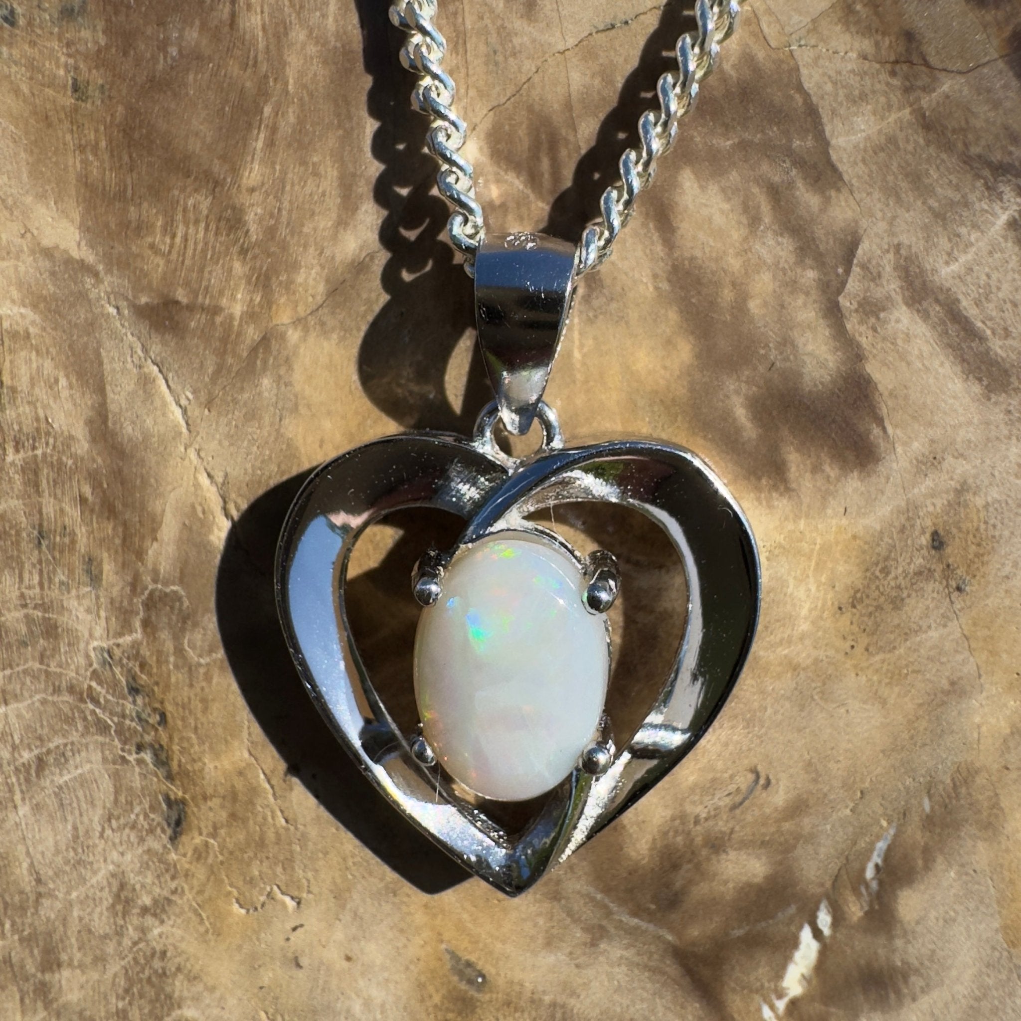 Moonie Crossing Love ~ 0.8ct Lightning Ridge Opal 925 Silver Heart Pendant