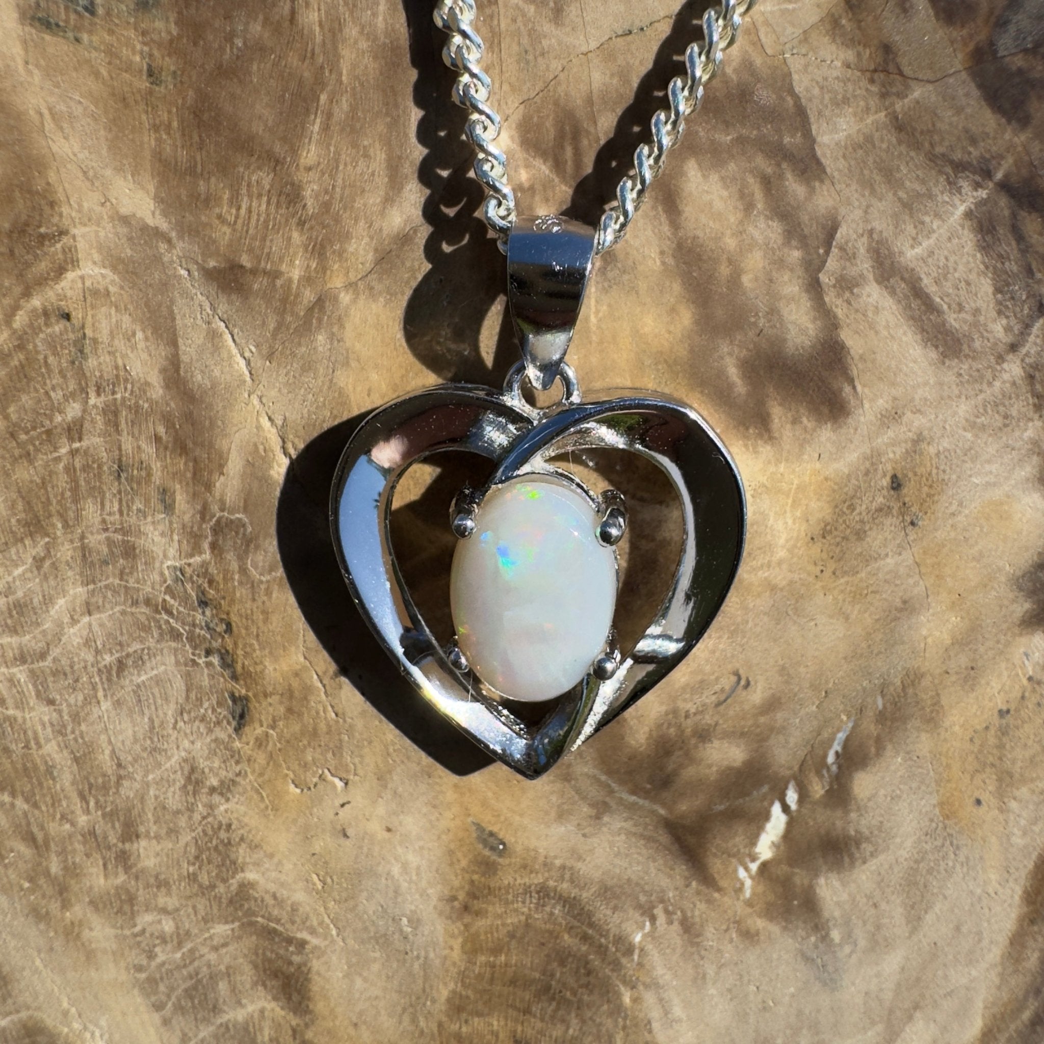 Moonie Crossing Love ~ 0.8ct Lightning Ridge Opal 925 Silver Heart Pendant