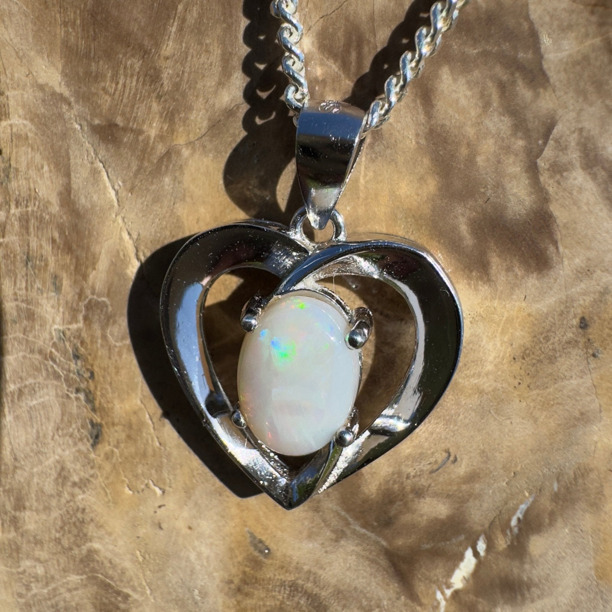 Moonie Crossing Love ~ 0.8ct Lightning Ridge Opal 925 Silver Heart Pendant