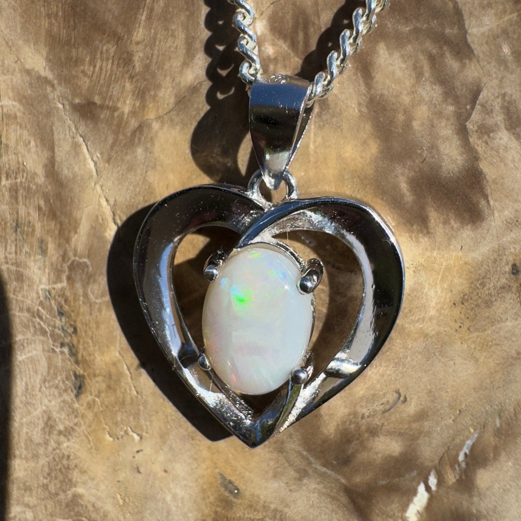 Moonie Crossing Love ~ 0.8ct Lightning Ridge Opal 925 Silver Heart Pendant
