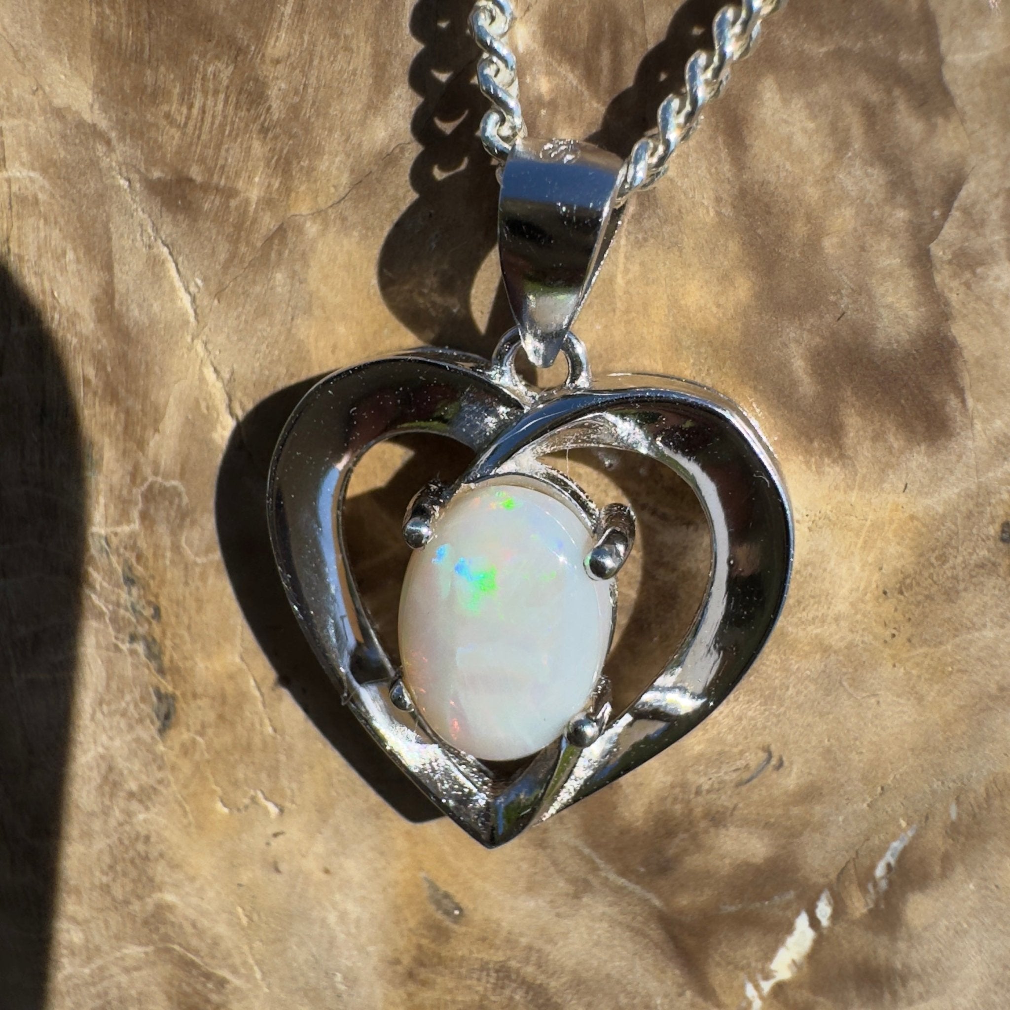 Moonie Crossing Love ~ 0.8ct Lightning Ridge Opal 925 Silver Heart Pendant